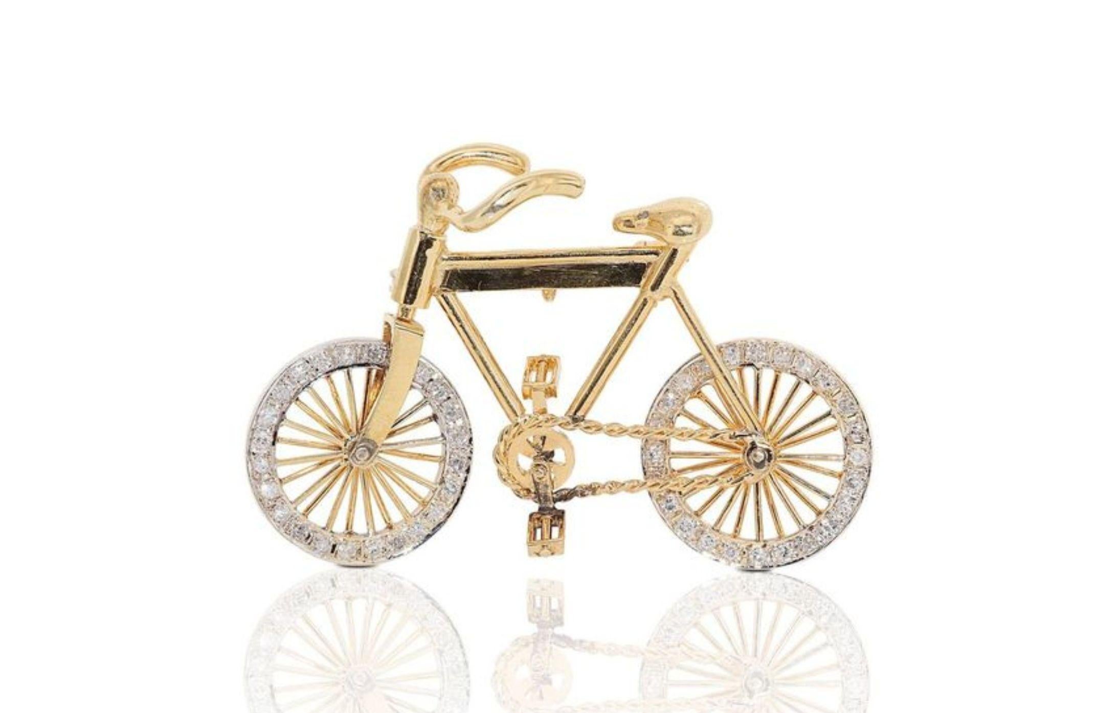 Round Cut Stunning 14k Yellow Gold Bicycle Brooch with 0.78ct Natural Diamonds For Sale