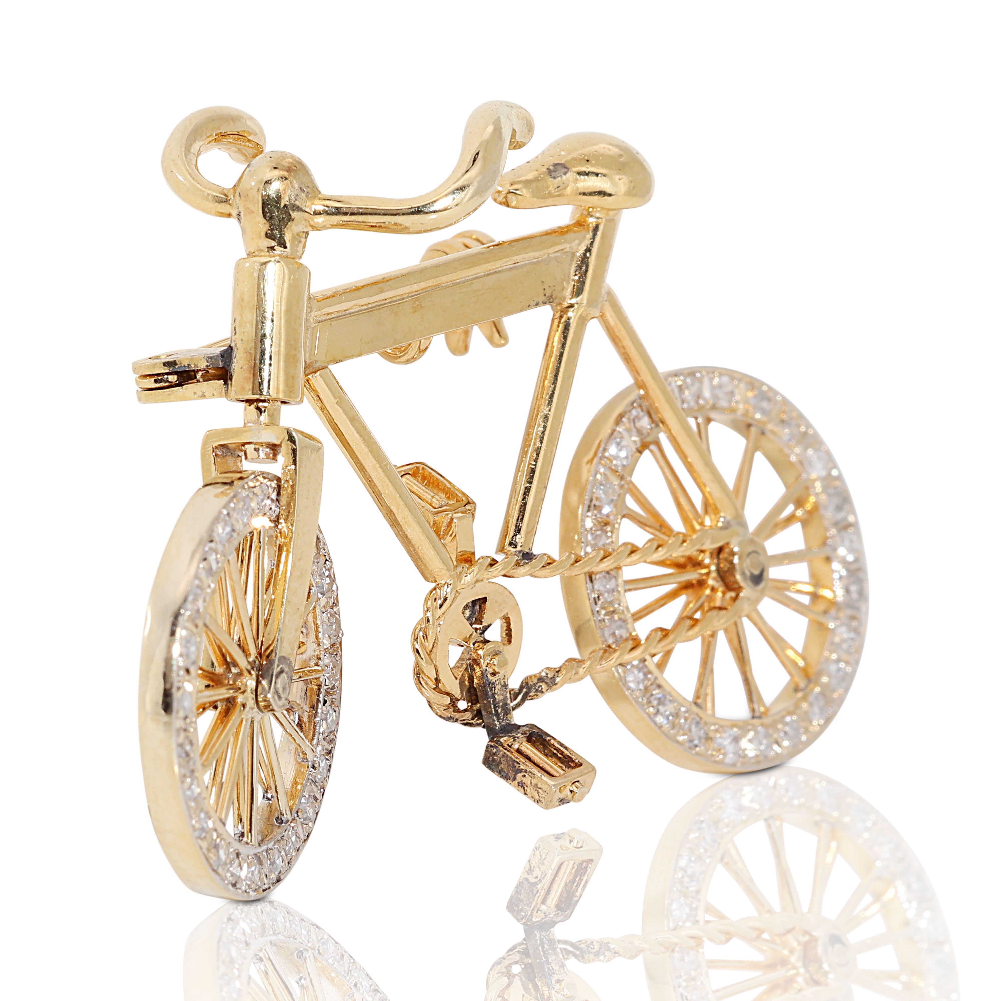 Women's Stunning 14k Yellow Gold Bicycle Brooch with 0.78ct Natural Diamonds For Sale