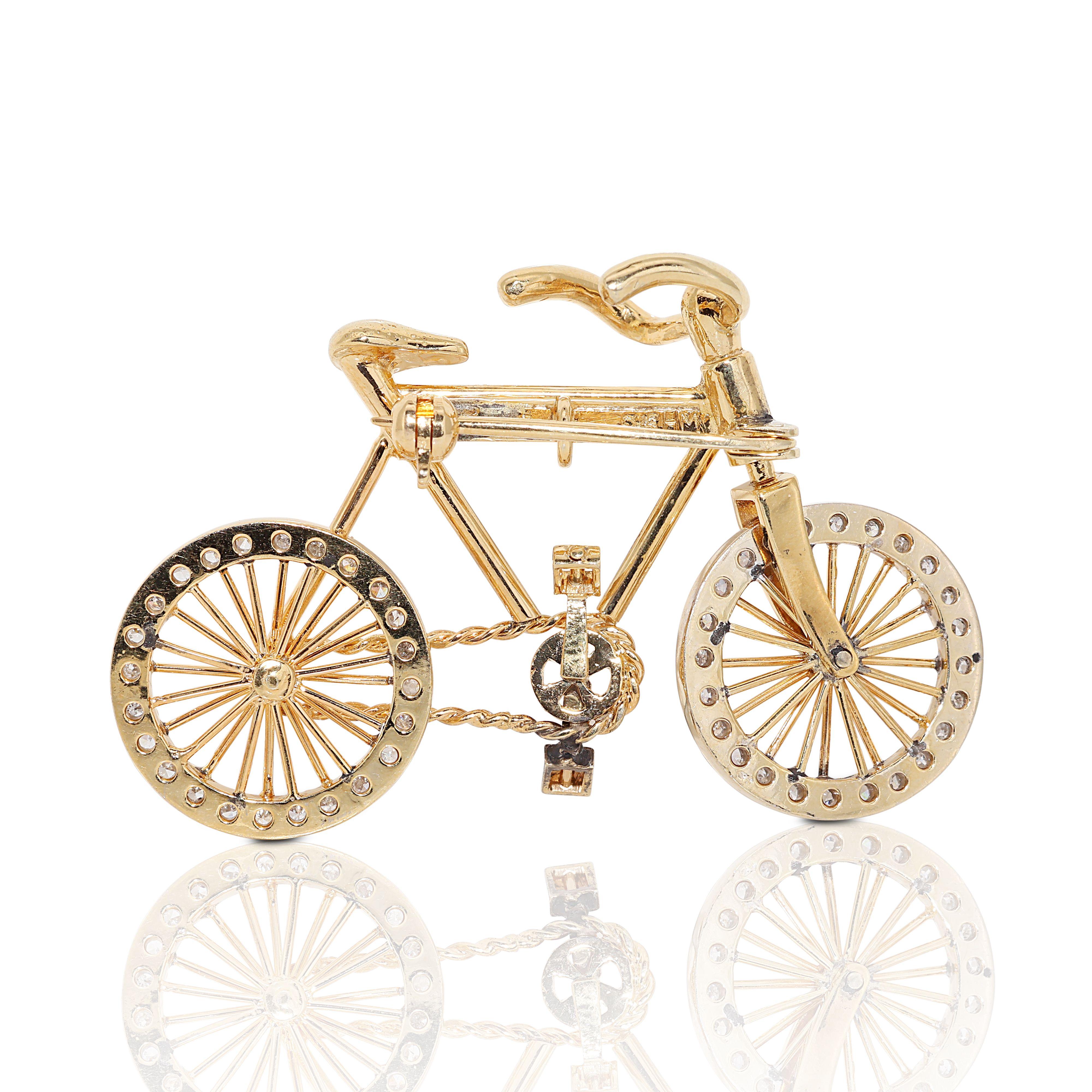 Stunning 14k Yellow Gold Bicycle Brooch with 0.78ct Natural Diamonds For Sale 1