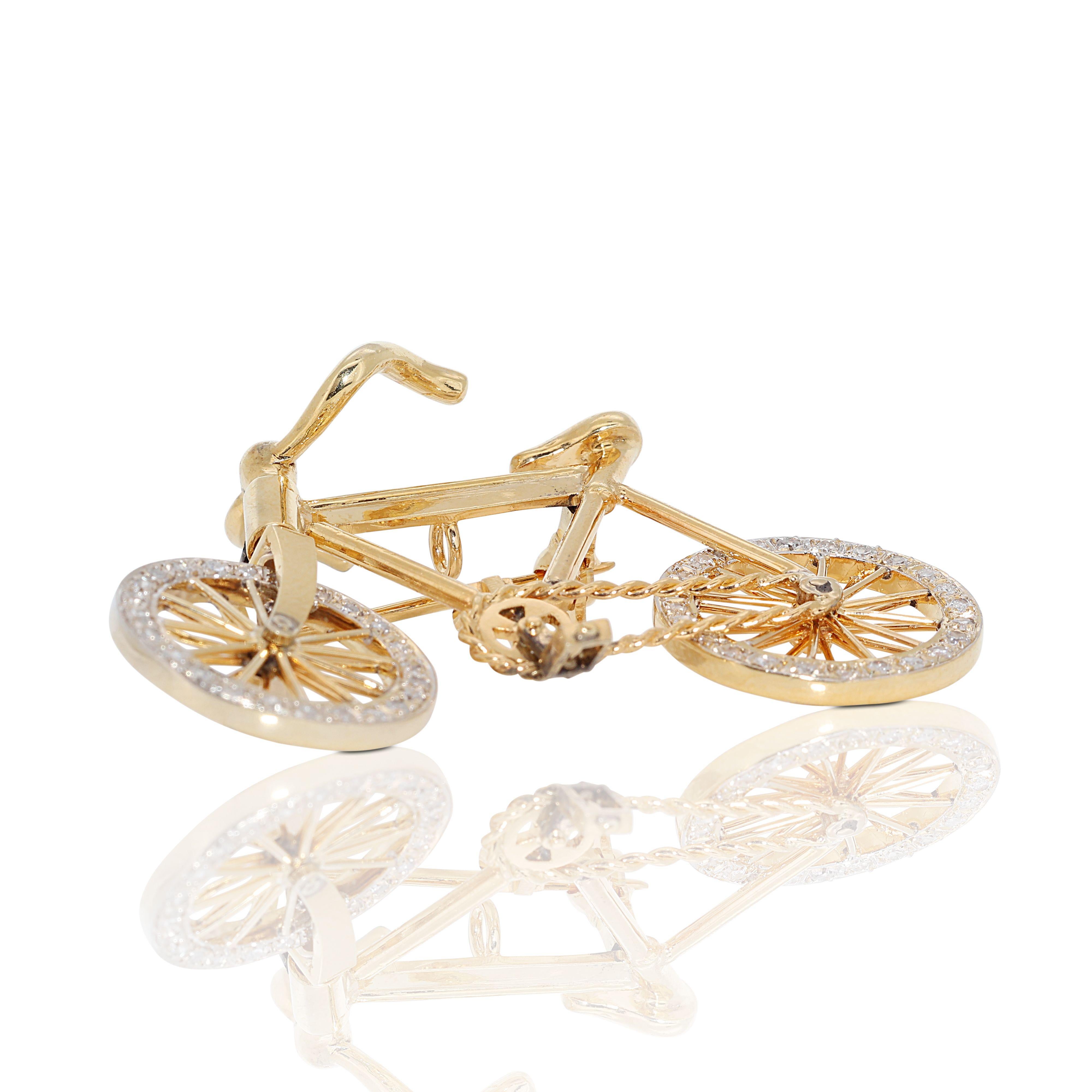 Stunning 14k Yellow Gold Bicycle Brooch with 0.78ct Natural Diamonds For Sale 2