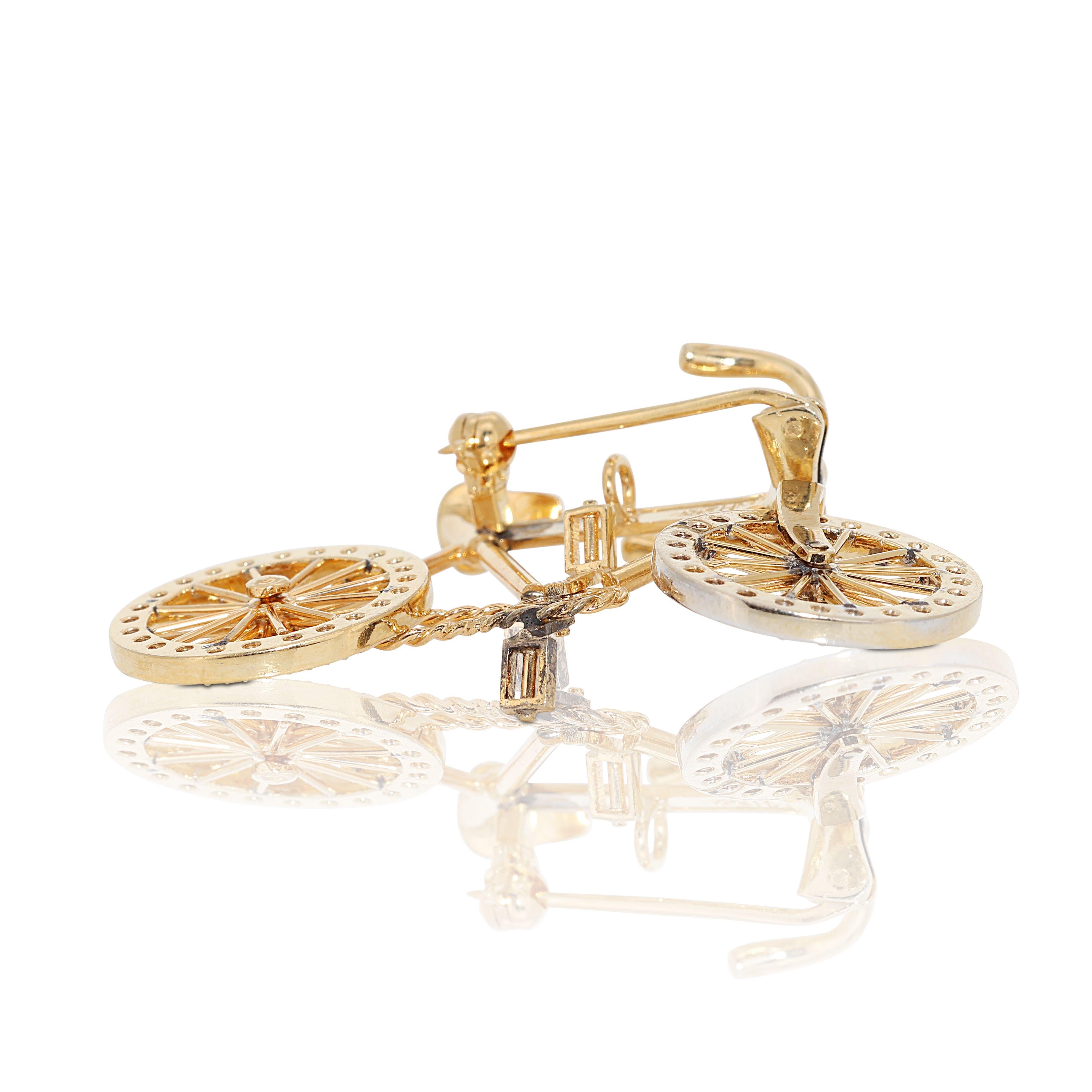 Stunning 14k Yellow Gold Bicycle Brooch with 0.78ct Natural Diamonds For Sale 3