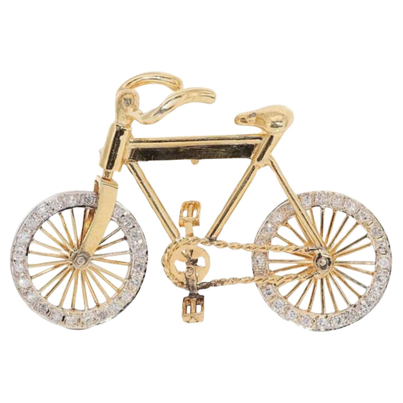 Stunning 14k Yellow Gold Bicycle Brooch with 0.78ct Natural Diamonds For Sale