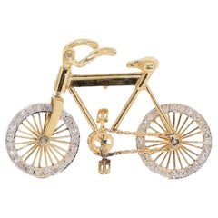 Superbe broche bicyclette en or jaune 14 carats avec diamants naturels de 0,78 carat