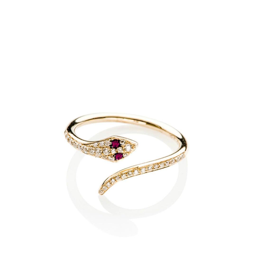 Stunning 14k Yellow Gold Diamond and Ruby Snake Ring For Sale
