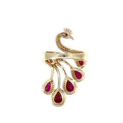 Stunning 14K Yellow Gold Peacock Ring With Ruby & Diamond Accent