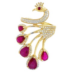 Stunning 14K Yellow Gold Peacock Ring With Ruby & Diamond Accent