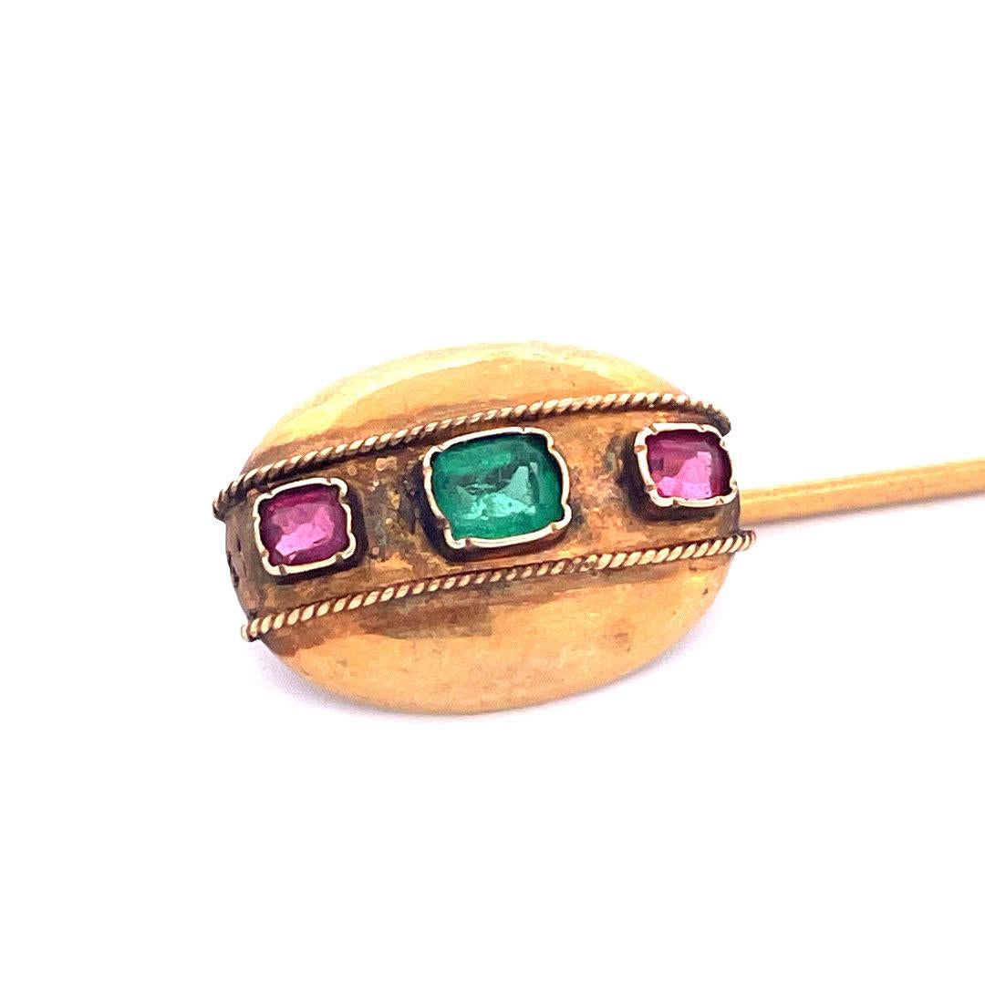 Art Nouveau Stunning 14k Yellow Gold Ruby and Emerald Pin For Sale