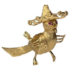 Stunning 14K Yellow Gold Ruby and Gold Bird Brooch