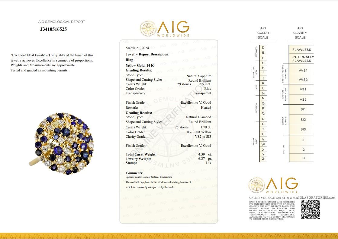 Stunning 14k Yellow Gold Sapphire and Diamond Halo Ring w/4.39 ct -AIG Certified For Sale 1