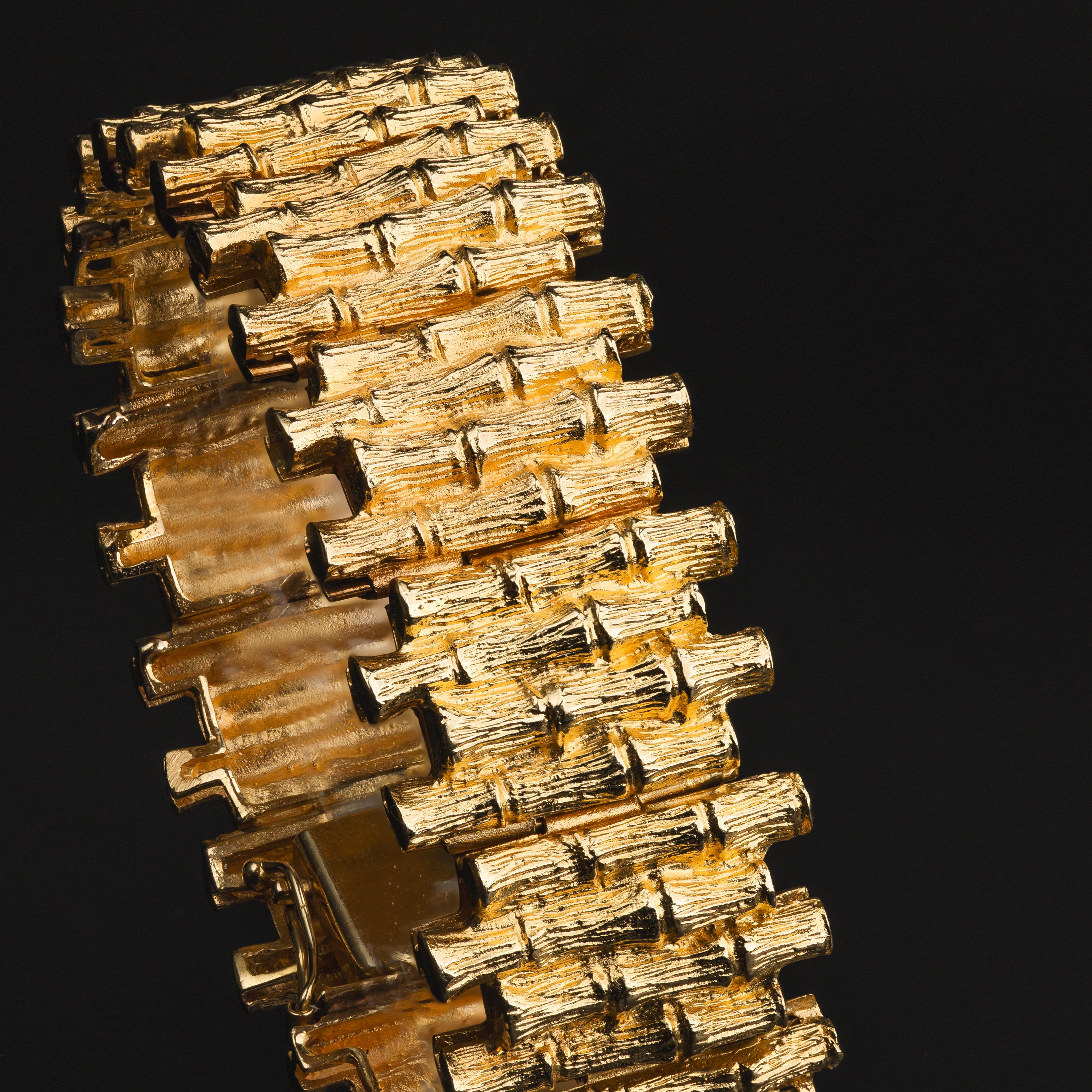 da uomo o donna Stupendo bracciale largo di bambù in oro giallo 14k in vendita