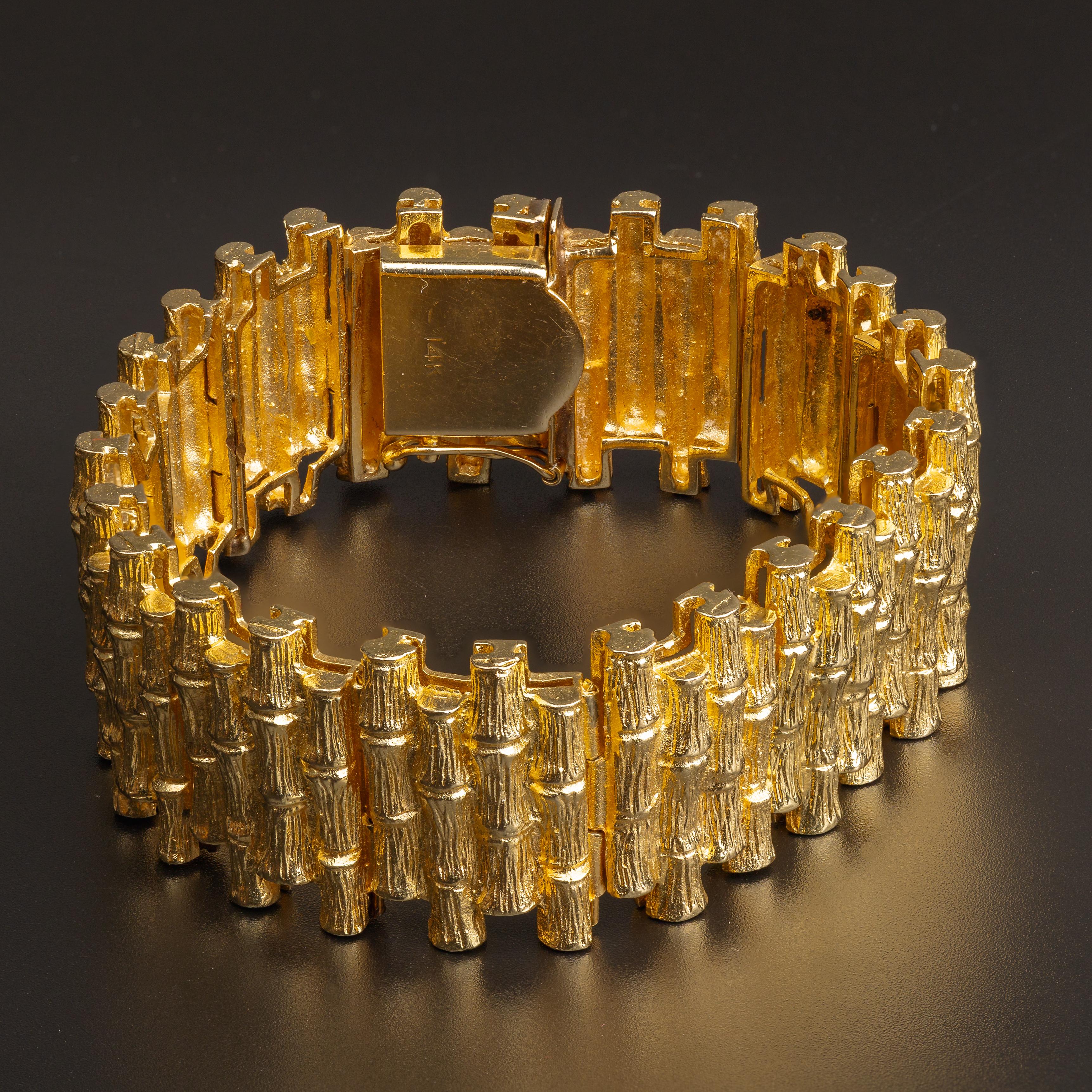 Stupendo bracciale largo di bambù in oro giallo 14k in vendita 1
