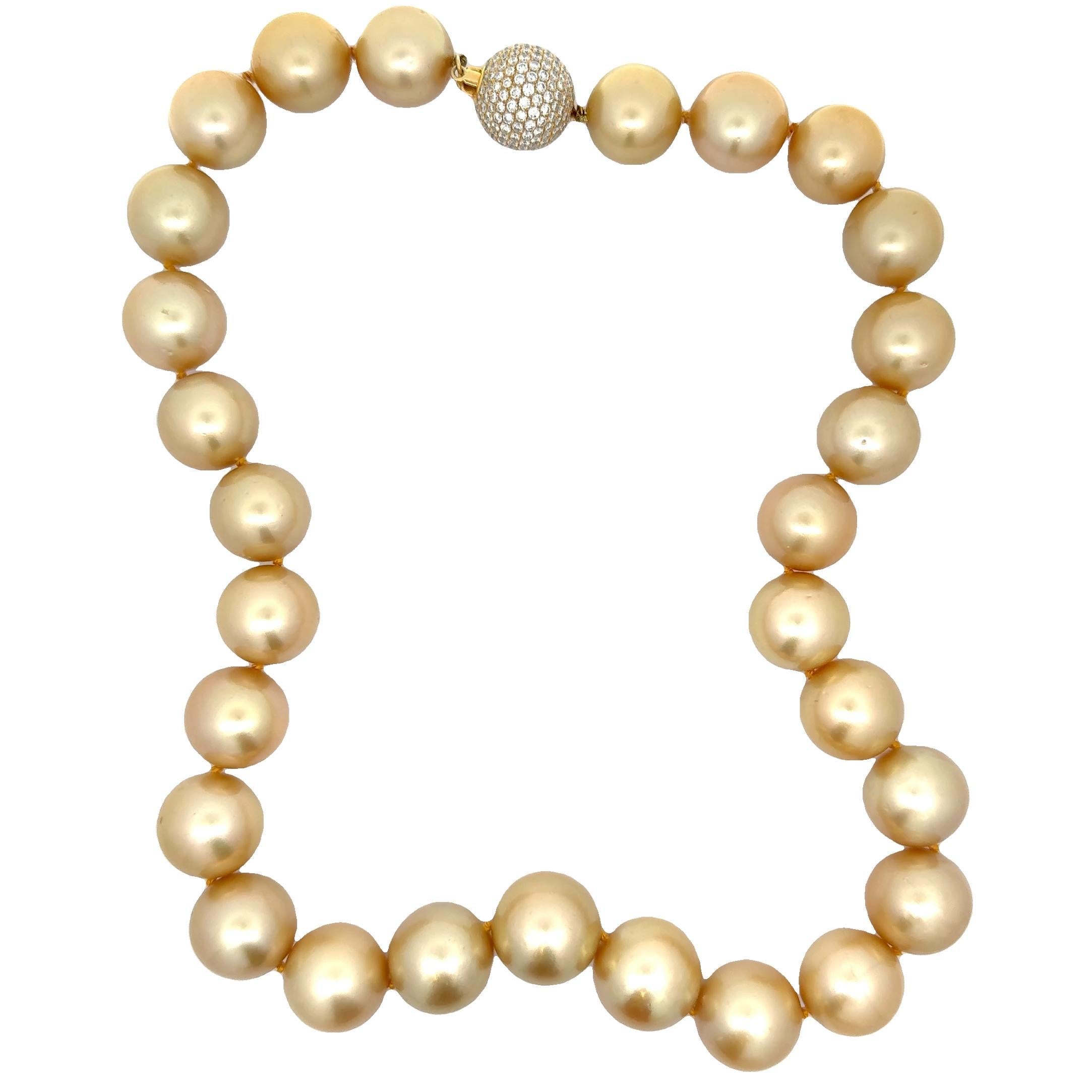 Ball Cut Stunning 15-17mm Golden South Sea Pearl Diamond Pave 18k Yellow Gold Necklace For Sale