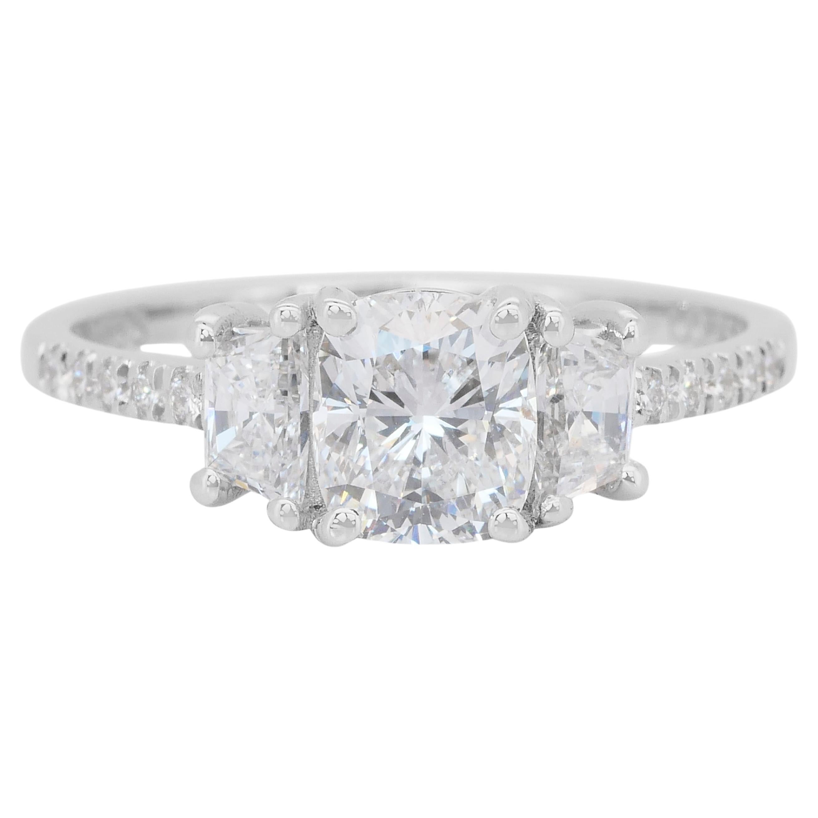 Stupendo anello a tre pietre con diamanti da 1,50 carati in oro bianco 18 carati - certificato IGI