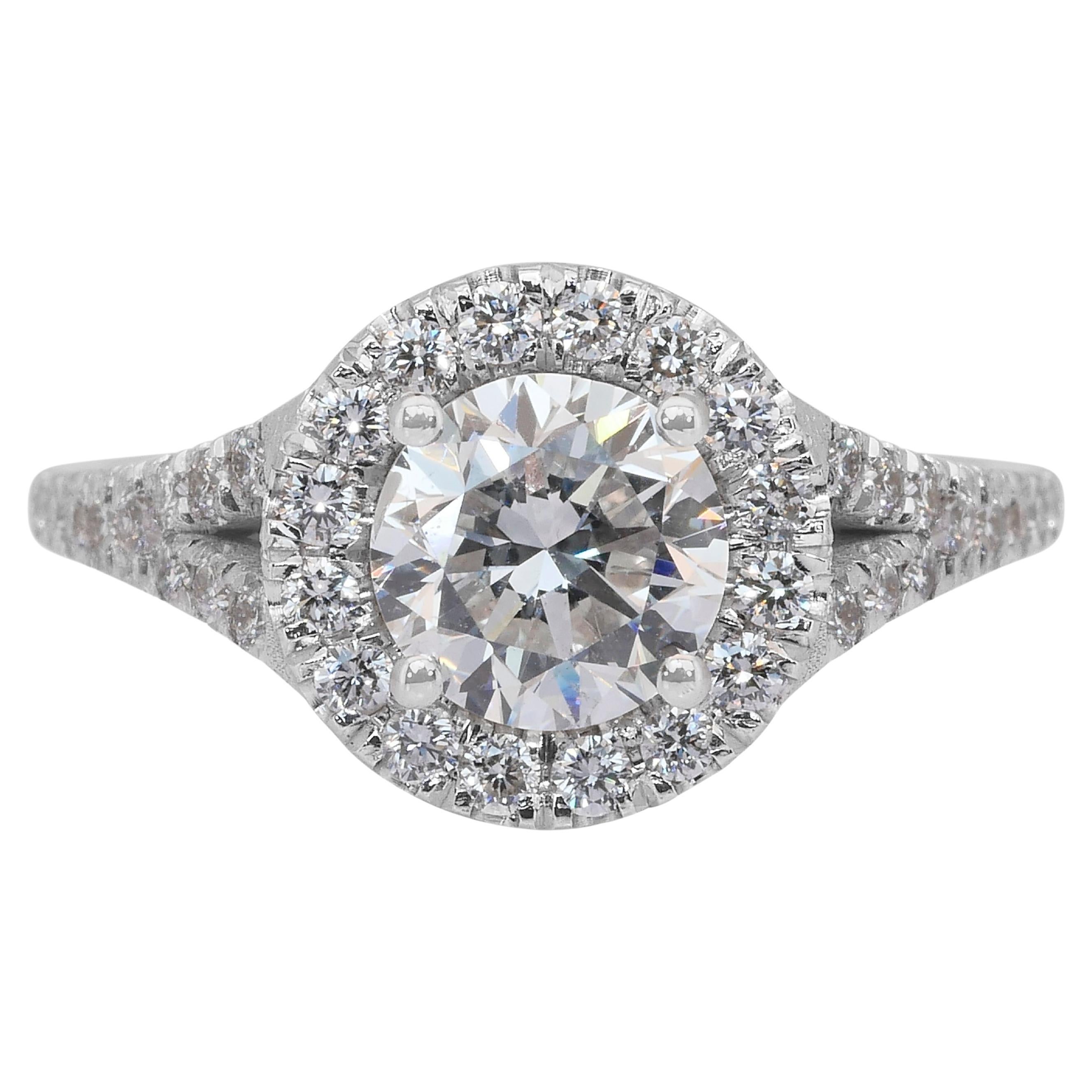 Stupendo anello aureolato con diamanti da 1,50 carati in oro bianco 18 carati - certificato IGI