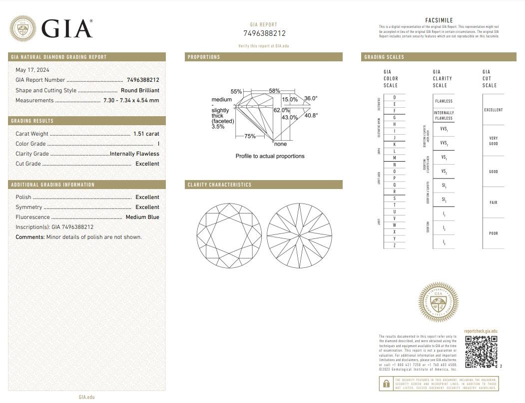 Stunning 1.51ct Triple Excellent Ideal Cut Round Diamond - GIA Certified

Indulge in the brilliance of this 1.51-carat round diamond, featuring a triple excellent ideal cut for maximum light return and sparkle.  GIA certified, this diamond upholds