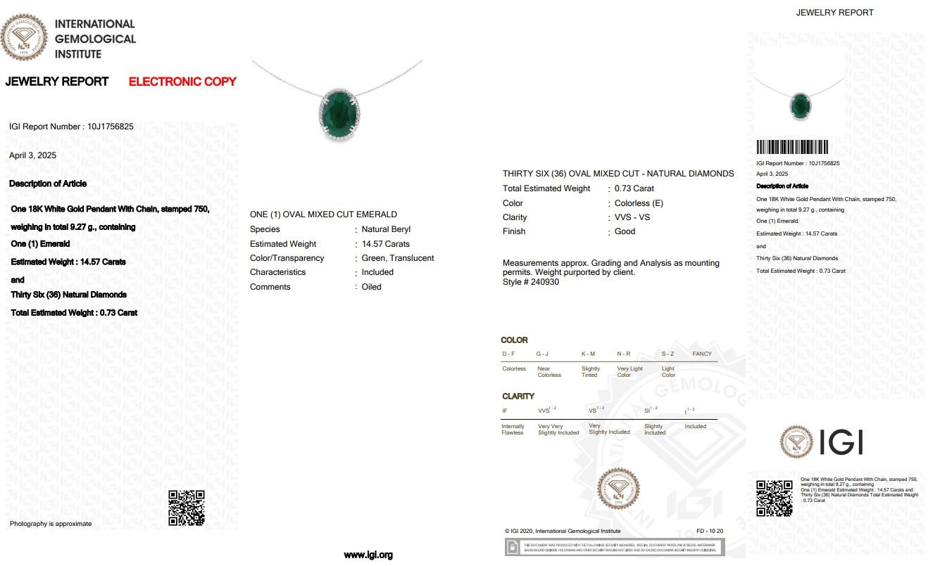 Women's Stunning 15.30ct Emerald and Diamonds Necklace with Pendant in 18k White Gold For Sale