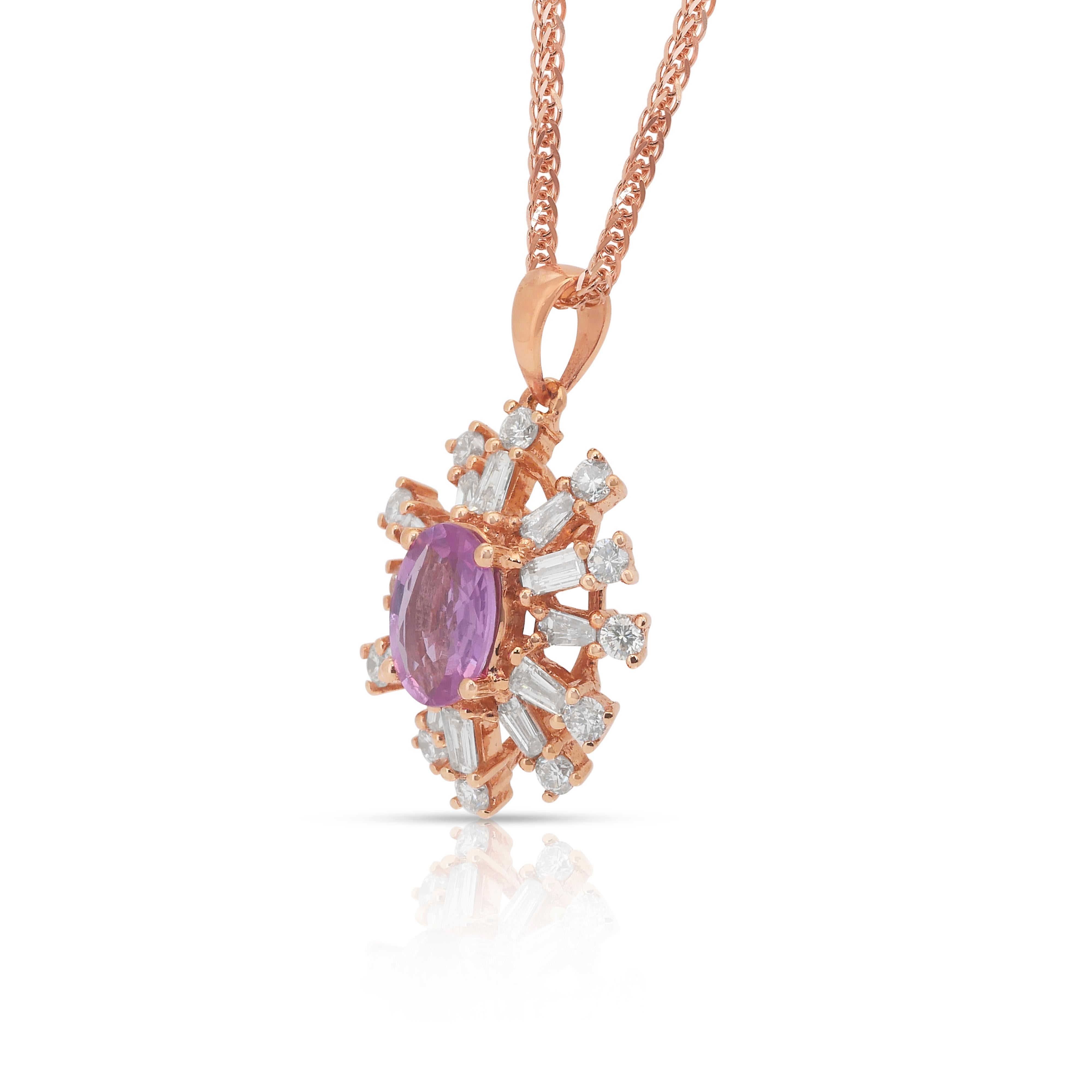 Stunning 1.59ct Sapphire and Diamonds Necklace with Pendant in 18k Rose Gold For Sale 1