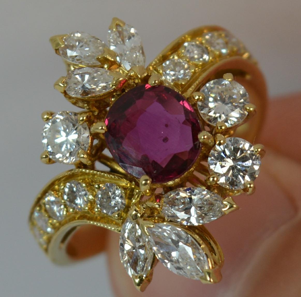 Stunning 1.75 Carat Diamond and Ruby 18 Carat Gold Cluster Cocktail Ring In Excellent Condition In St Helens, GB