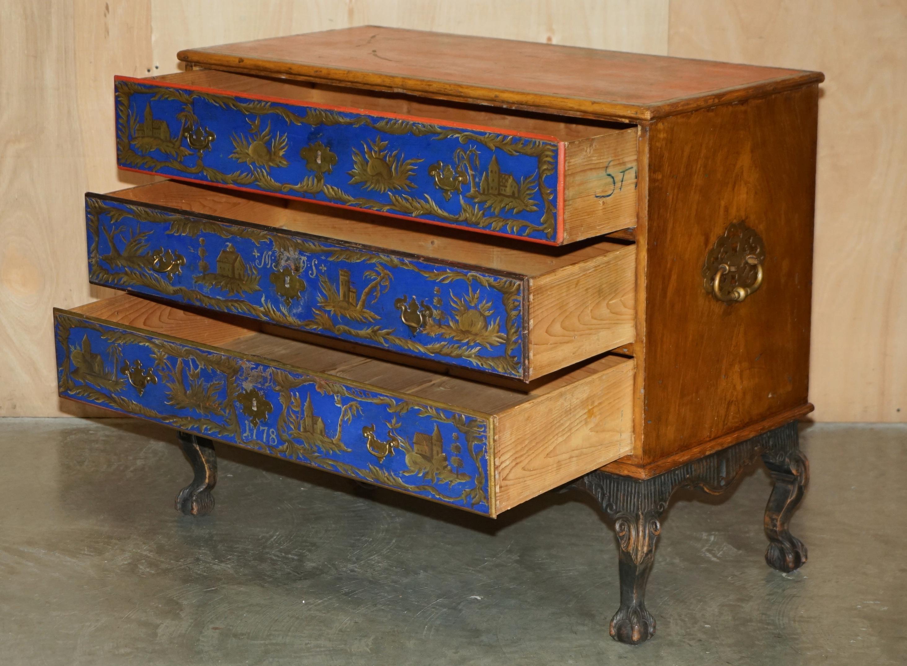 STUNNING 1778 DATED POLYCHROME PAiNTED CLAW & BALL CAMPAIGN CHEST OF DRAWERS For Sale 10