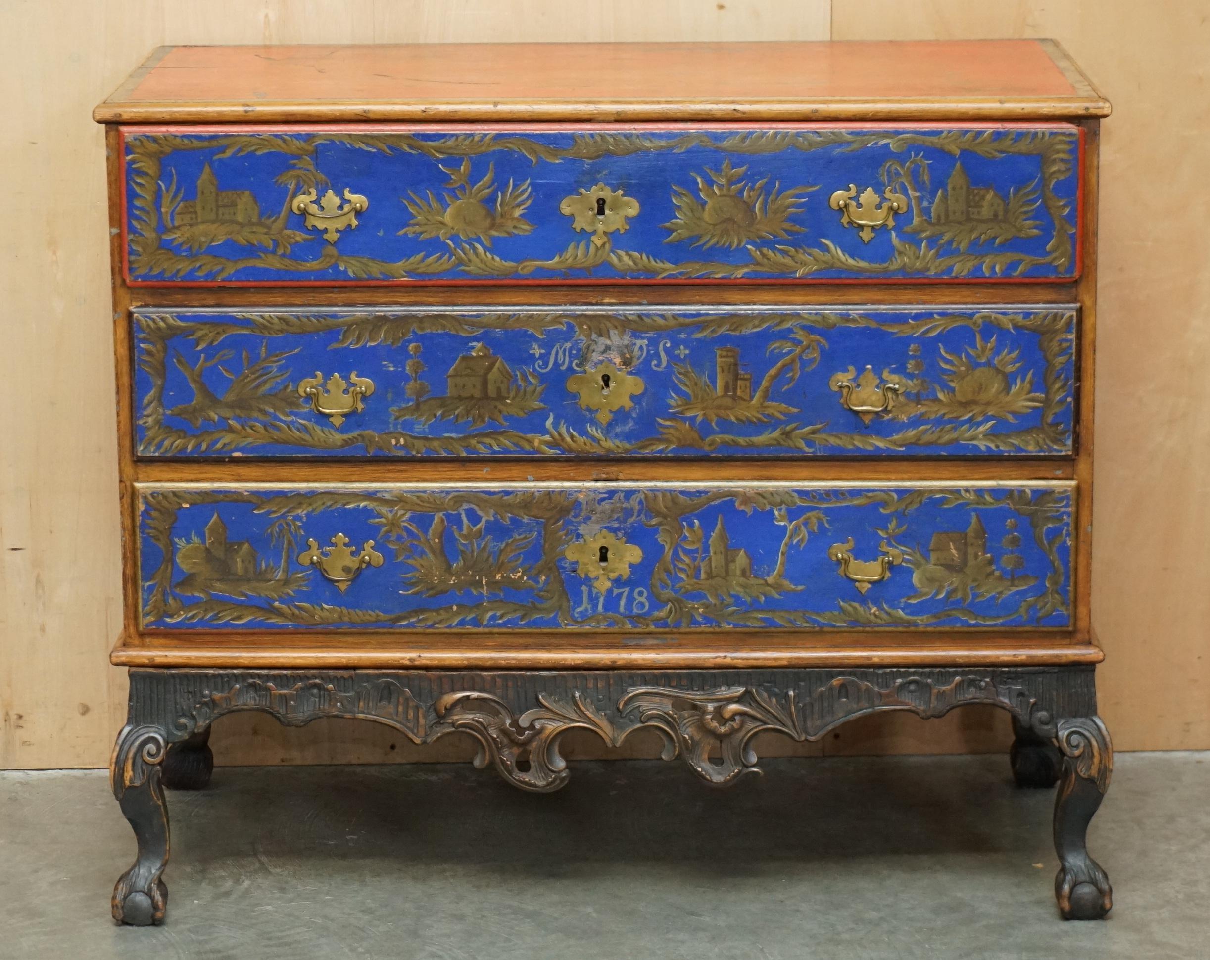 Royal House Antiques

Royal House Antiques is delighted to offer for sale this absolutely exquisite, North European, Polychrome painted 18th century chest of drawers dated to 1778 on the front and finished with decorative Campaign style handles to