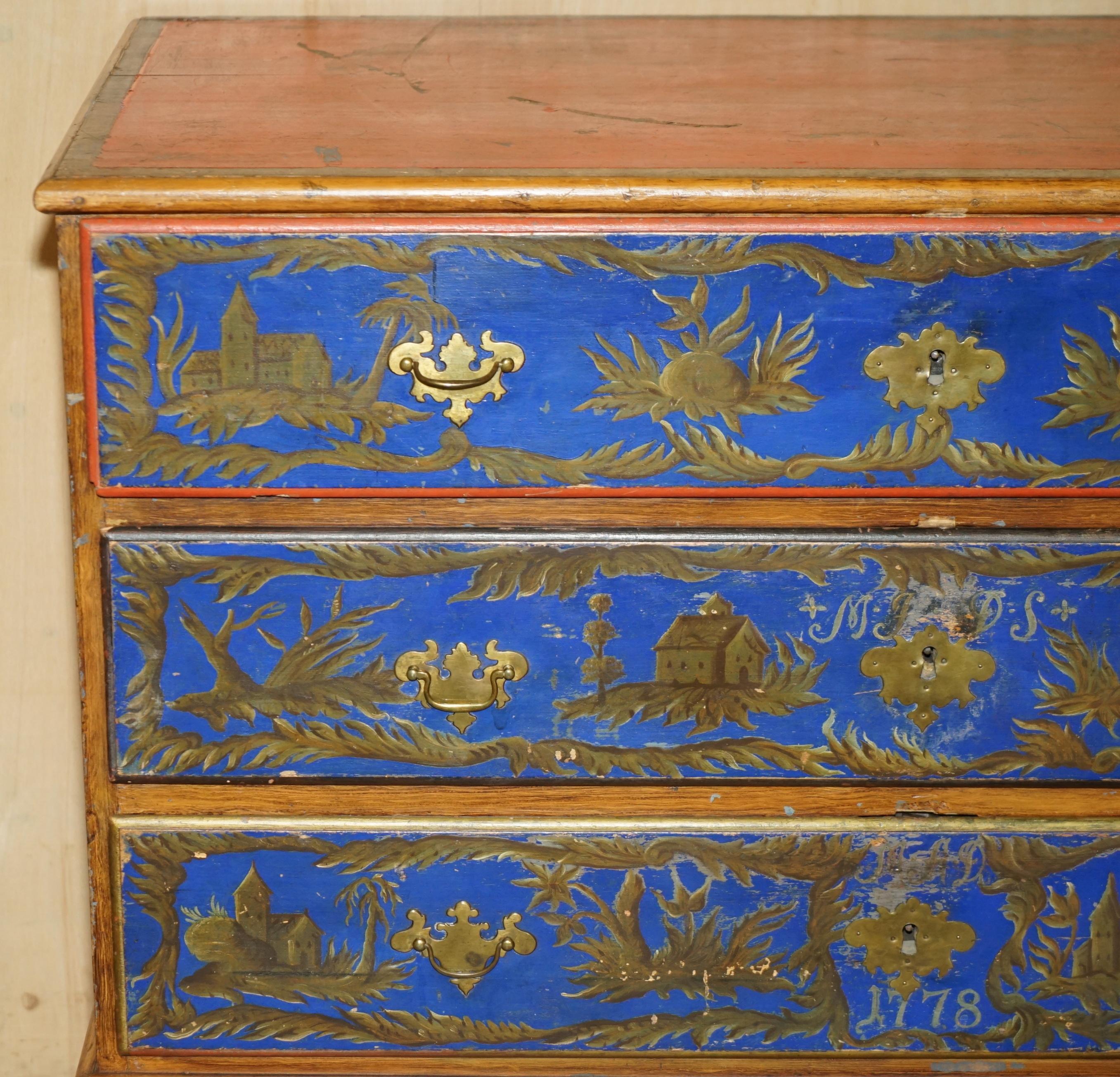 George III STUNNING 1778 DATED POLYCHROME PAiNTED CLAW & BALL CAMPAIGN CHEST OF DRAWERS For Sale