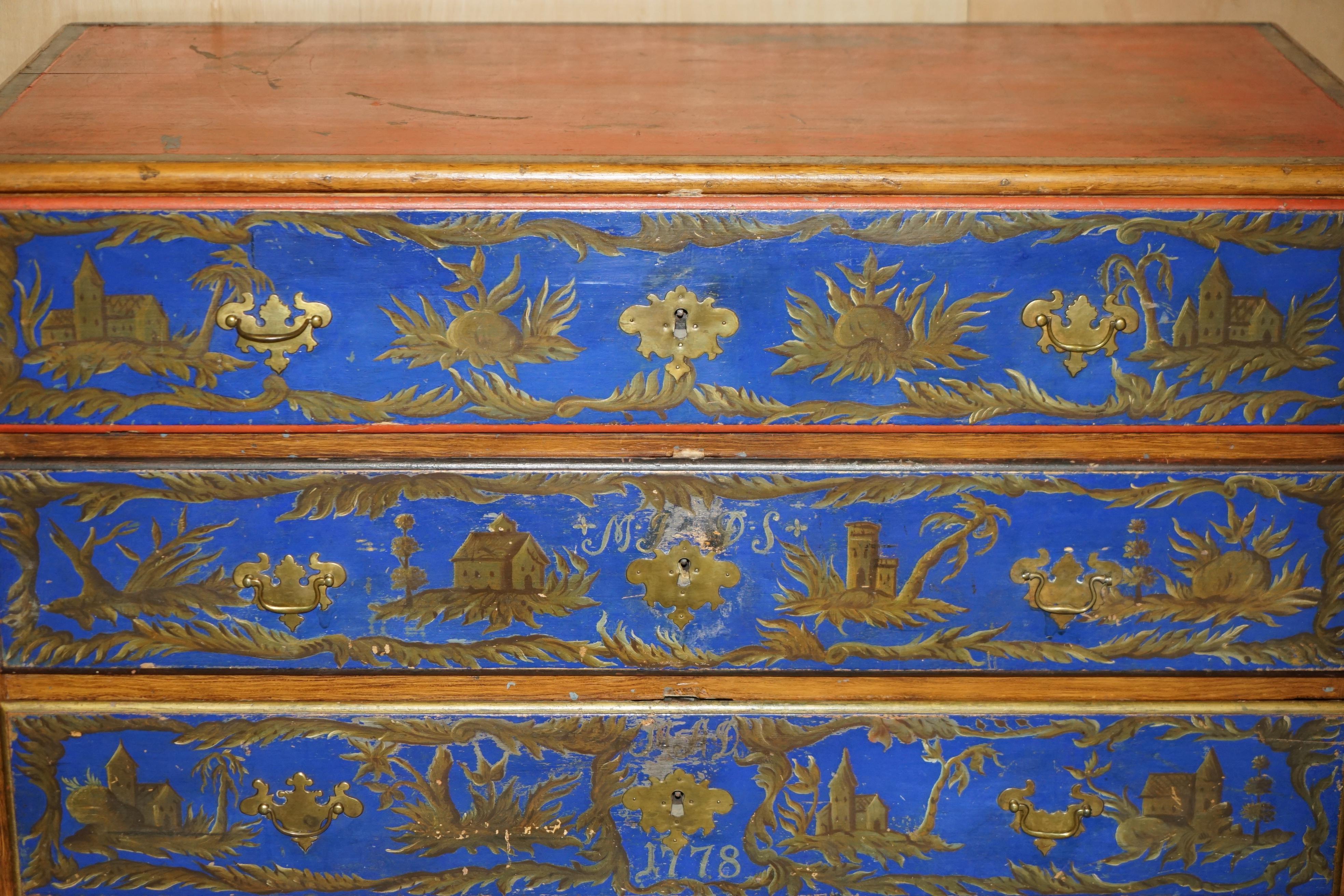 European STUNNING 1778 DATED POLYCHROME PAiNTED CLAW & BALL CAMPAIGN CHEST OF DRAWERS For Sale