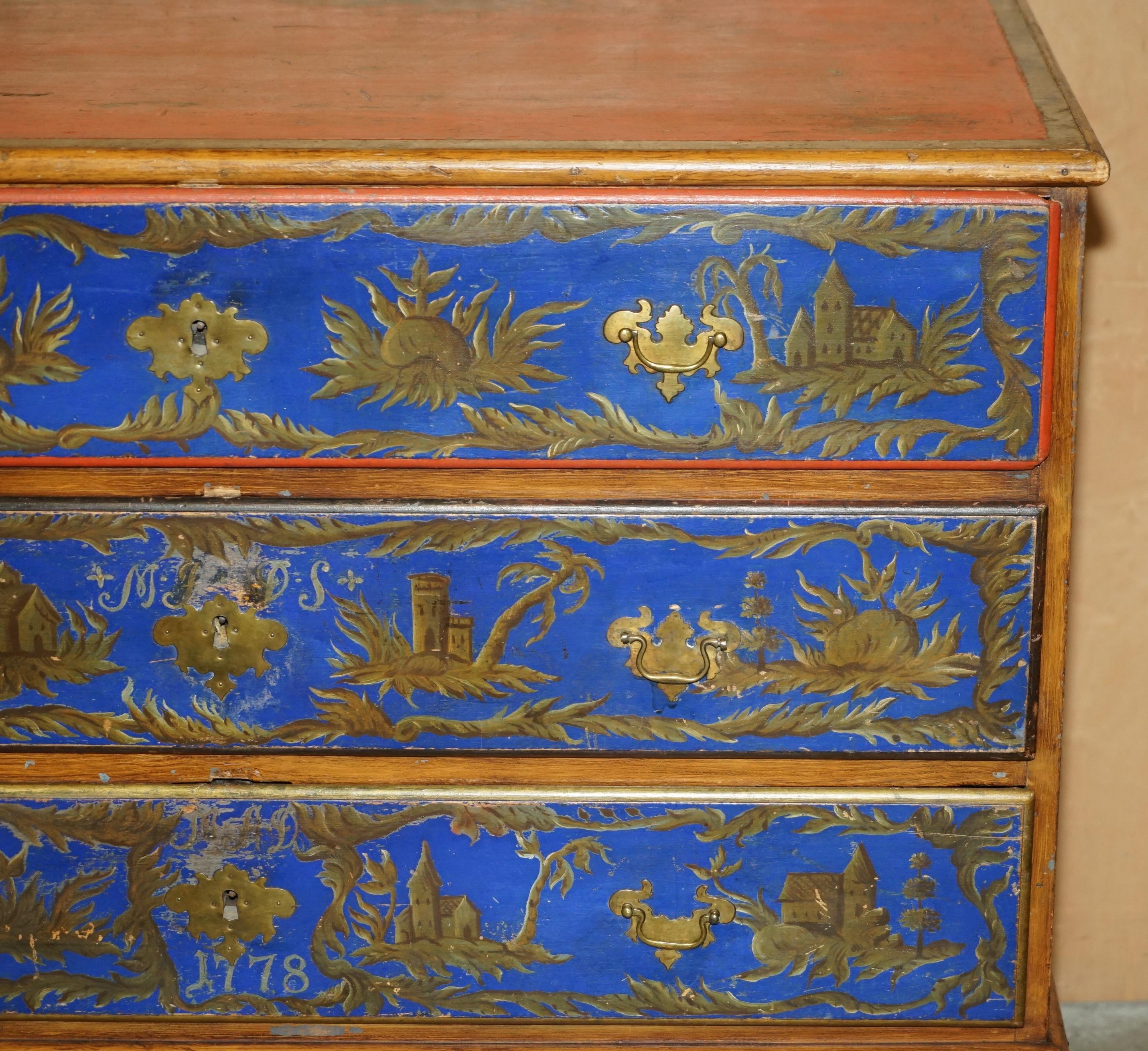 Polychromed STUNNING 1778 DATED POLYCHROME PAiNTED CLAW & BALL CAMPAIGN CHEST OF DRAWERS For Sale