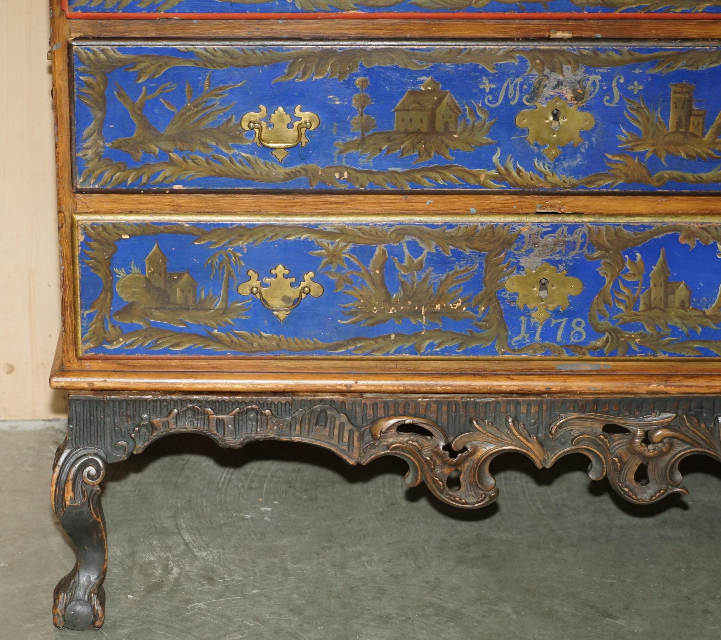 STUNNING 1778 DATED POLYCHROME PAiNTED CLAW & BALL CAMPAIGN CHEST OF DRAWERS In Good Condition For Sale In West Sussex, Pulborough