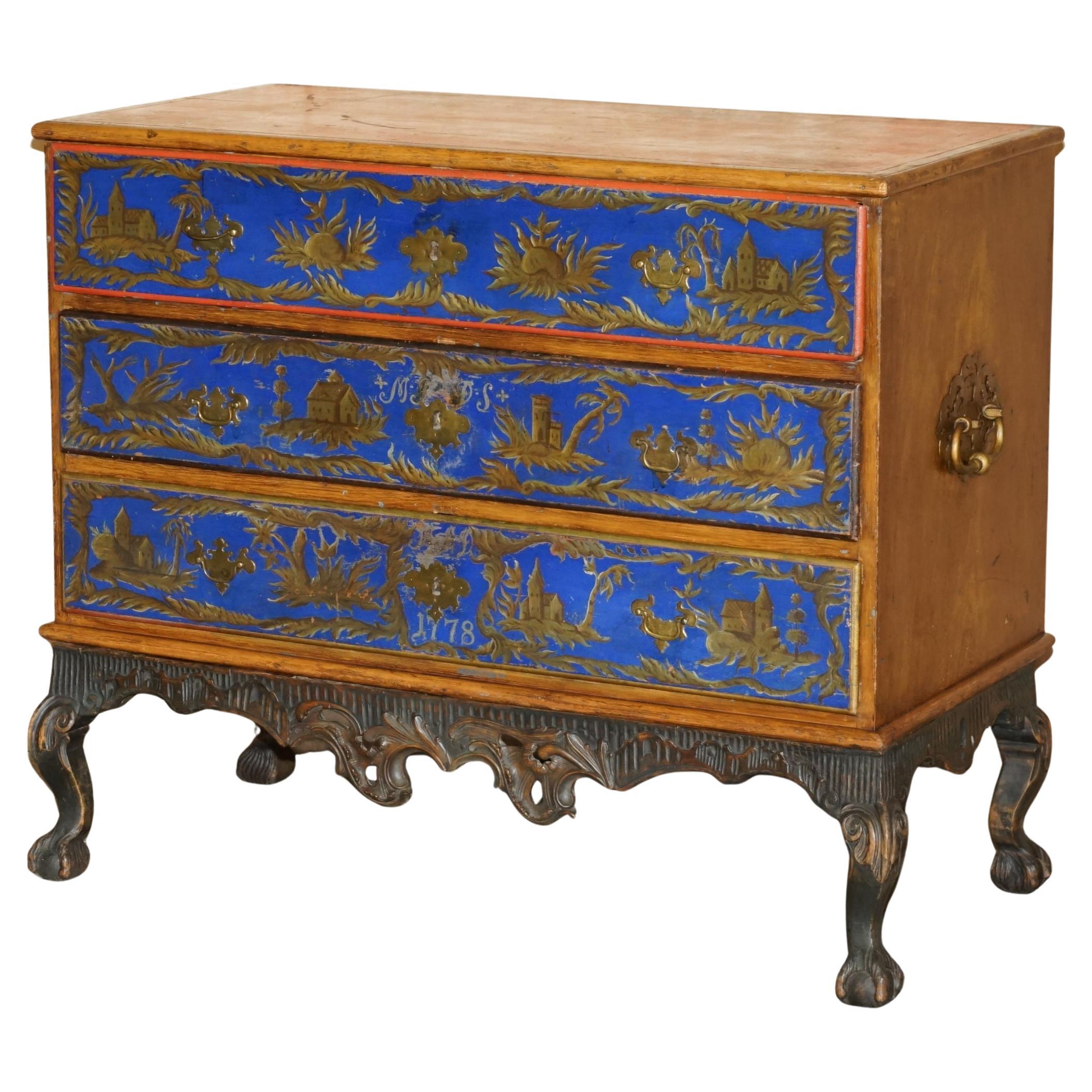 STUNNING 1778 DATED POLYCHROME PAiNTED CLAW & BALL CAMPAIGN CHEST OF DRAWERS For Sale