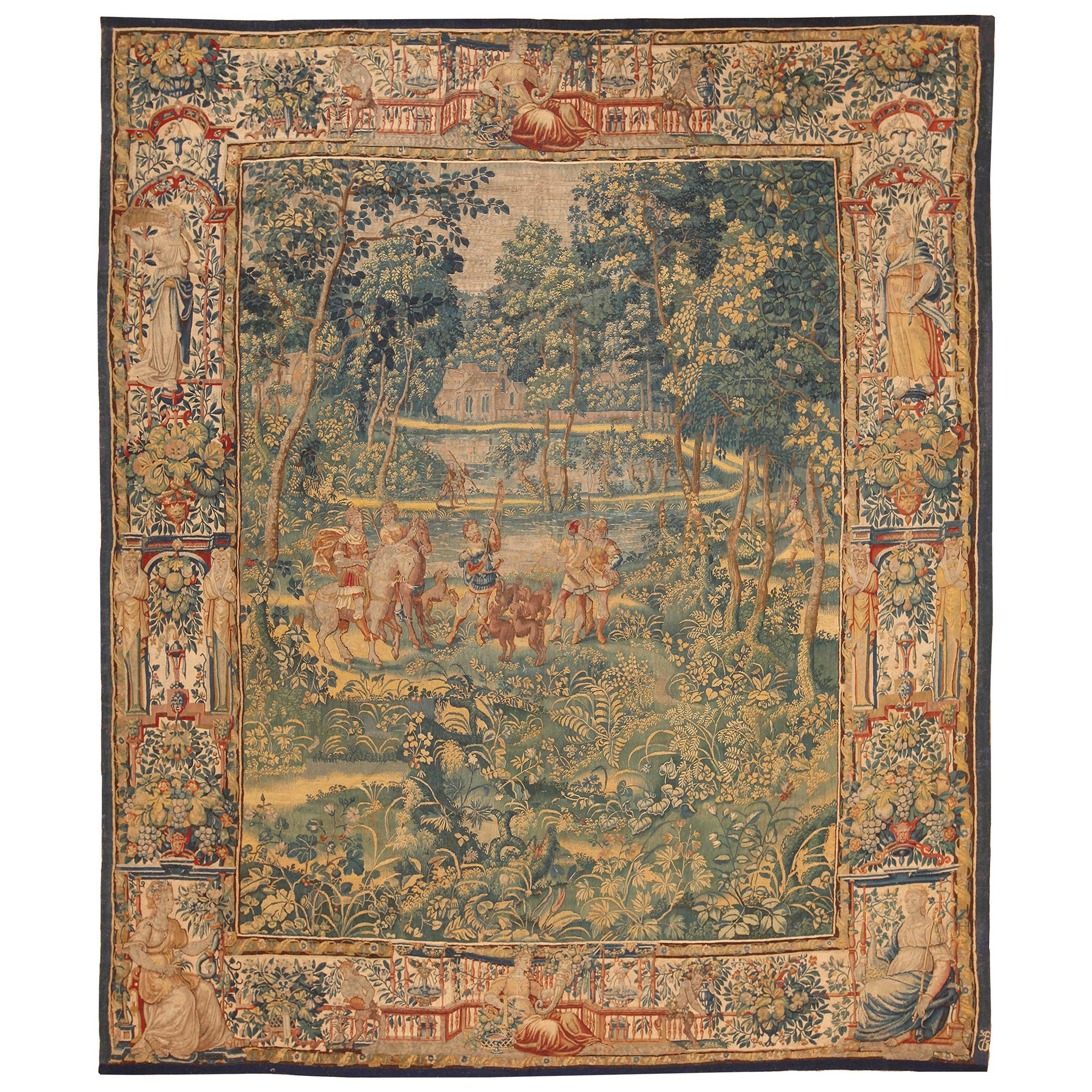 Stupendo arazzo francese antico in lana e seta del 17° secolo, 8'7" x 10'3".