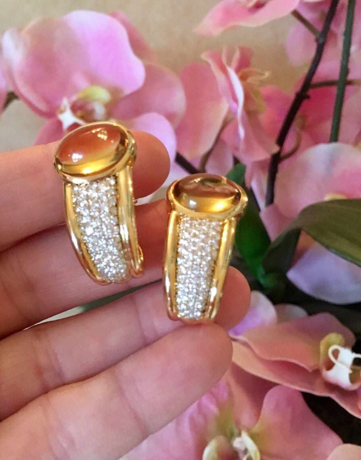 Stunning 18 Karat Gold 1980s Citrine Diamond Pave Half Hoop Earrings For Sale 4