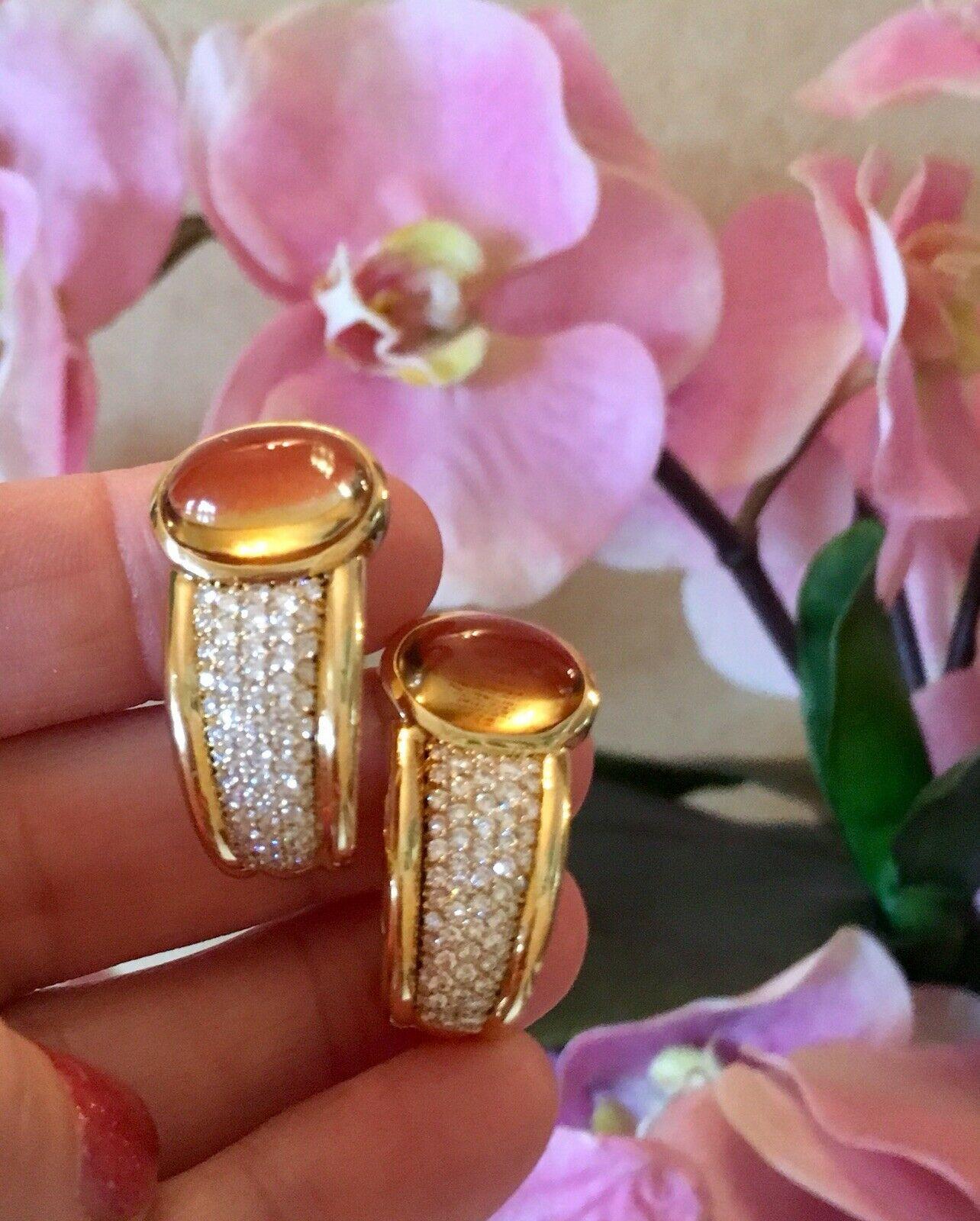 Women's Stunning 18 Karat Gold 1980s Citrine Diamond Pave Half Hoop Earrings For Sale