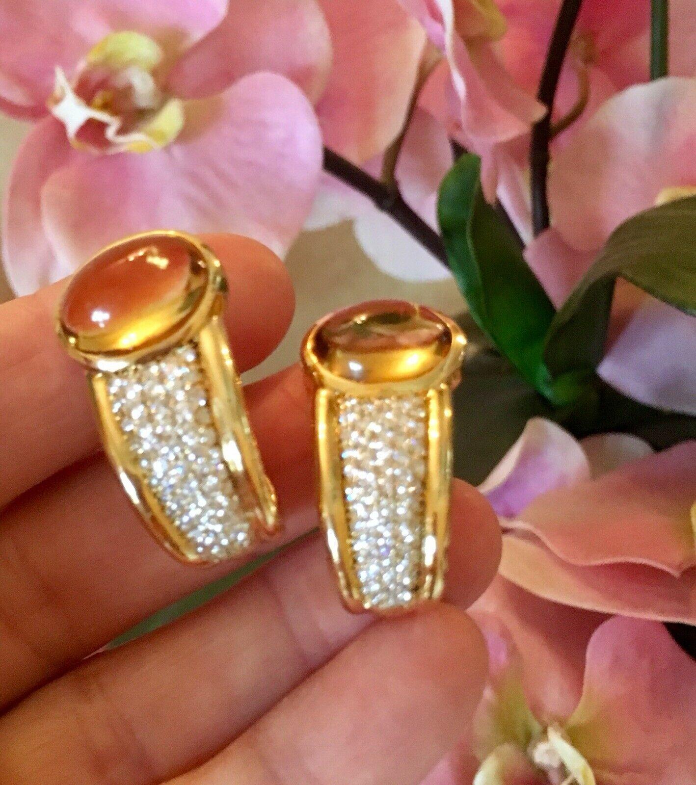 Stunning 18 Karat Gold 1980s Citrine Diamond Pave Half Hoop Earrings For Sale 1
