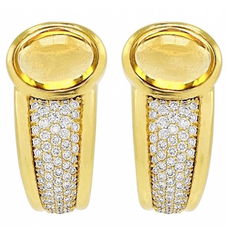 Stunning 18 Karat Gold 1980s Citrine Diamond Pave Half Hoop Earrings For Sale