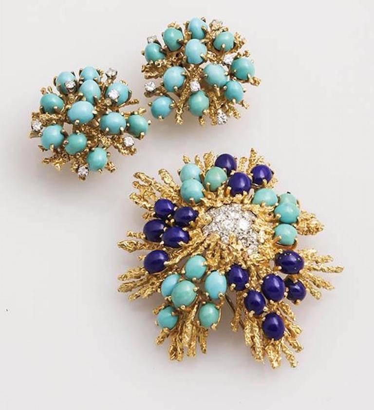 Stunning 18 Karat Gold Turquoise Cabochon Diamond Anemone Clip Earrings 6