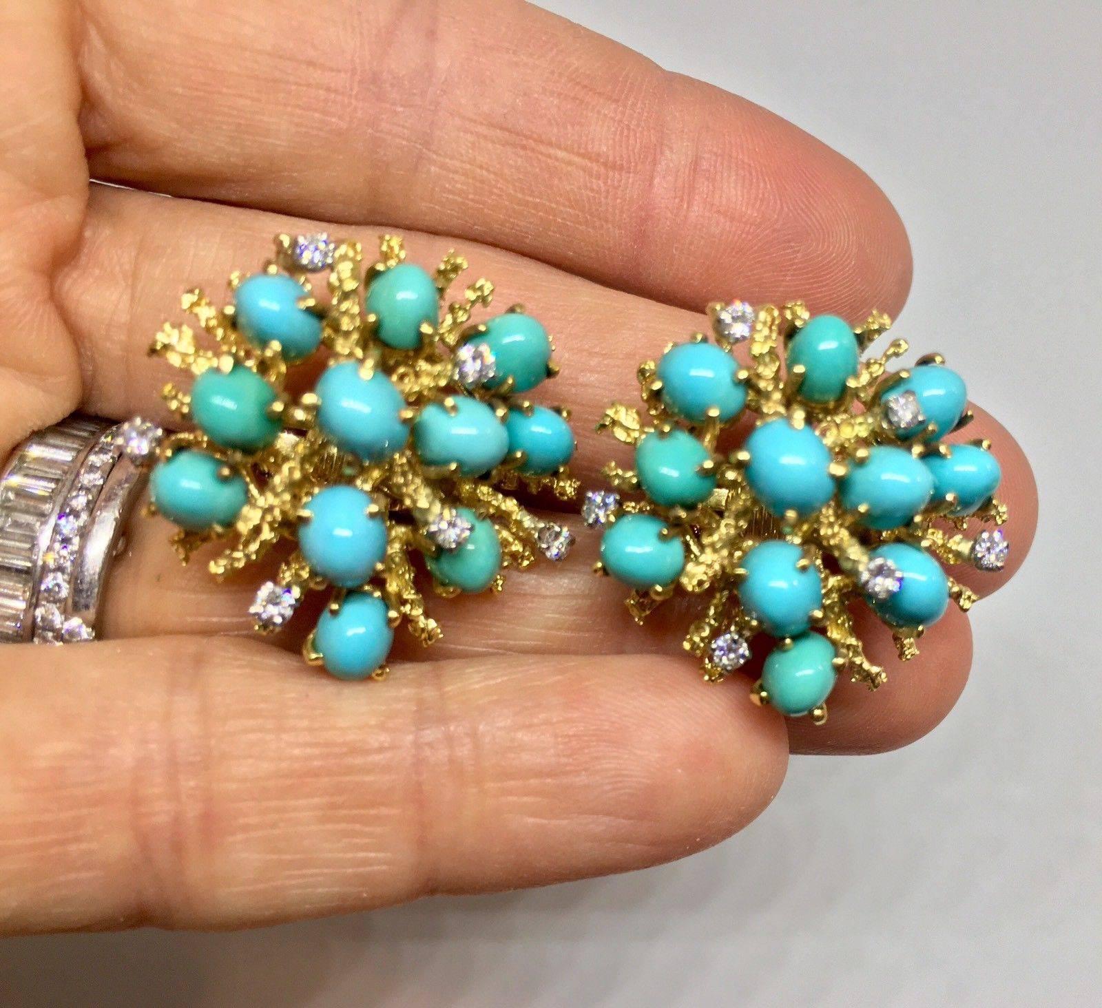 Stunning 18 Karat Gold Turquoise Cabochon Diamond Anemone Clip Earrings 2