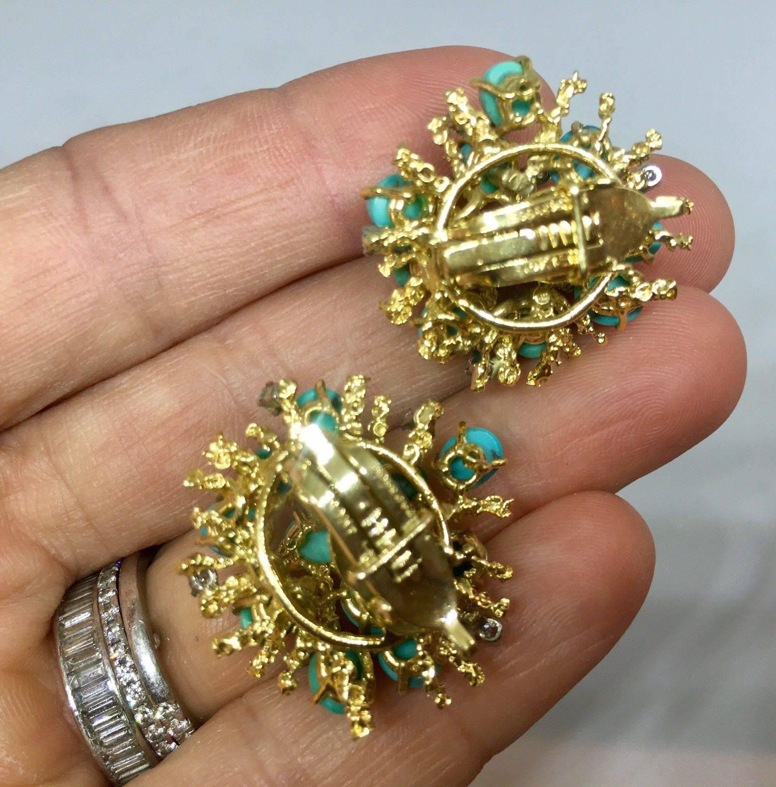 Stunning 18 Karat Gold Turquoise Cabochon Diamond Anemone Clip Earrings 3