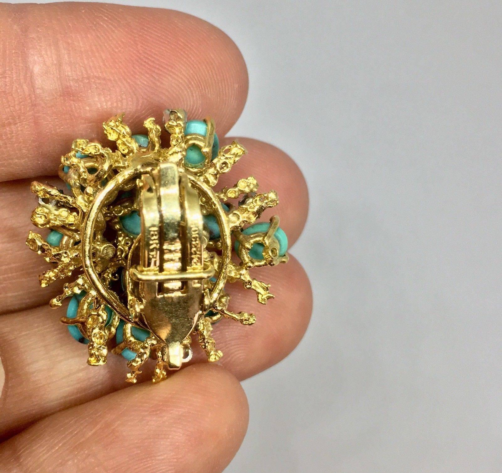 Stunning 18 Karat Gold Turquoise Cabochon Diamond Anemone Clip Earrings 4