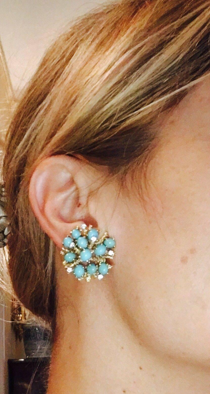 Stunning 18 Karat Gold Turquoise Cabochon Diamond Anemone Clip Earrings 5