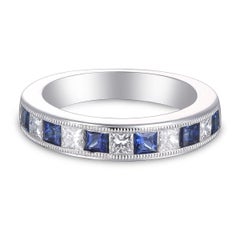 Stunning 18 Karat White Gold, Blue Sapphire, and Diamond Band Ring