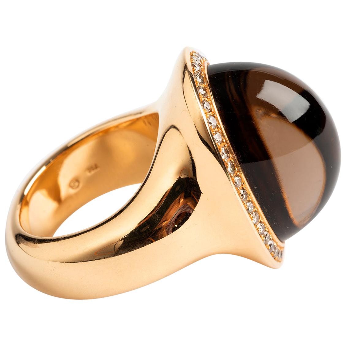 Stunning 18 Carat Yellow Gold Smokey Quartz and Diamond Cabochon Dress Ring