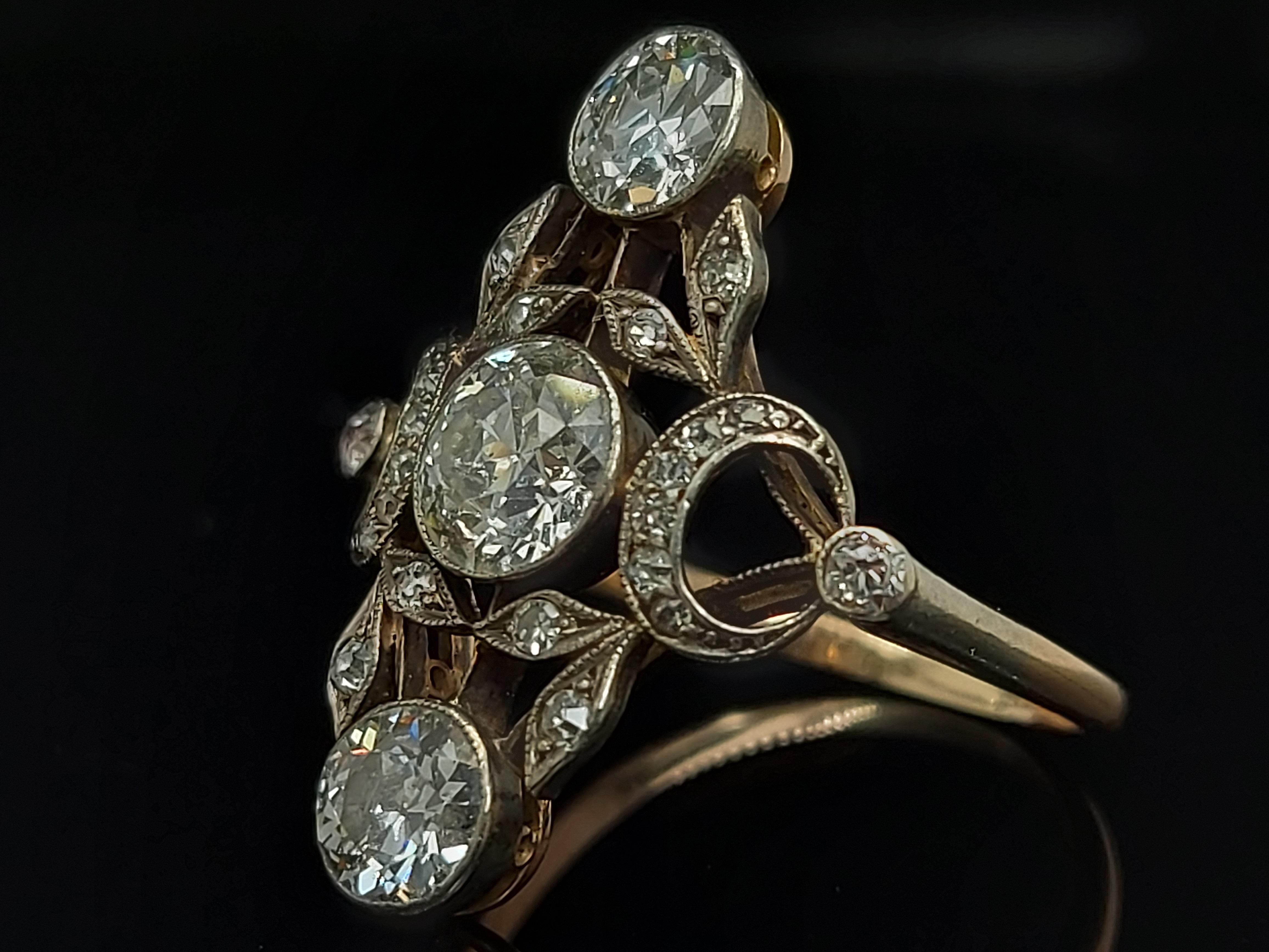 Stunning 18 Karat Gold and Silver Ring with Diamonds from the 1900s, Trilogy For Sale 1