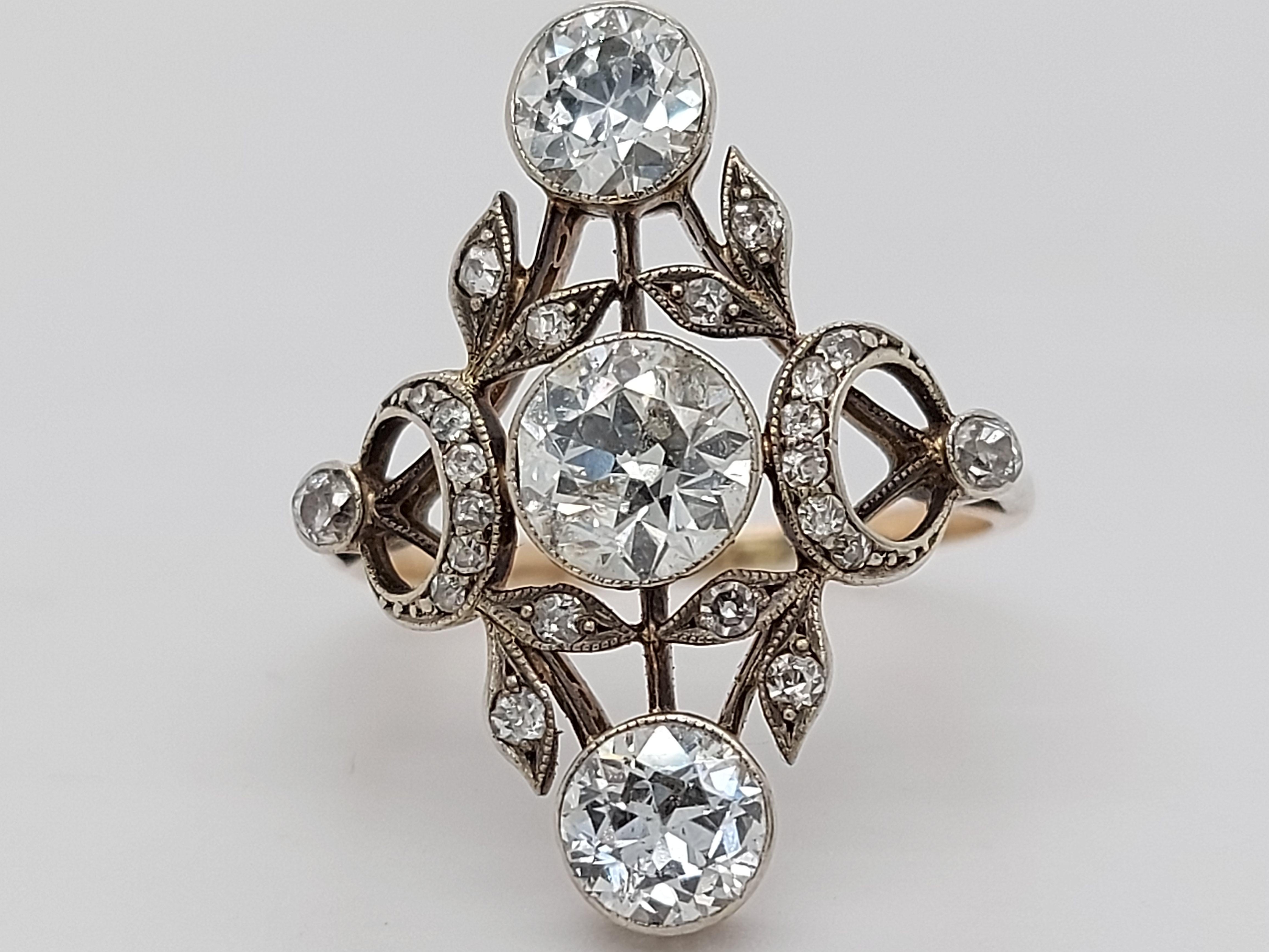 Stunning 18 Karat Gold and Silver Ring with Diamonds from the 1900s, Trilogy For Sale 2