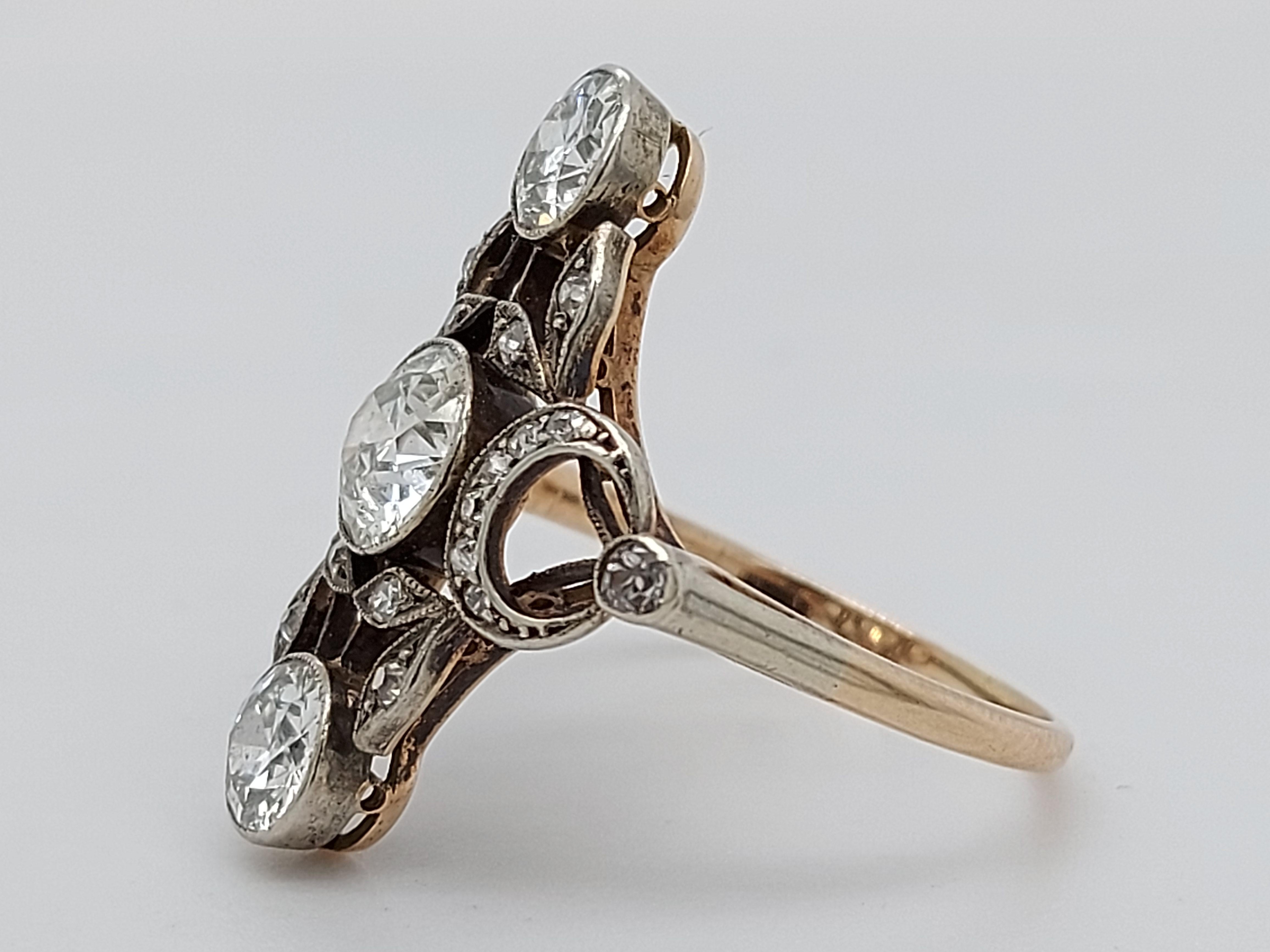 Stunning 18 Karat Gold and Silver Ring with Diamonds from the 1900s, Trilogy For Sale 5