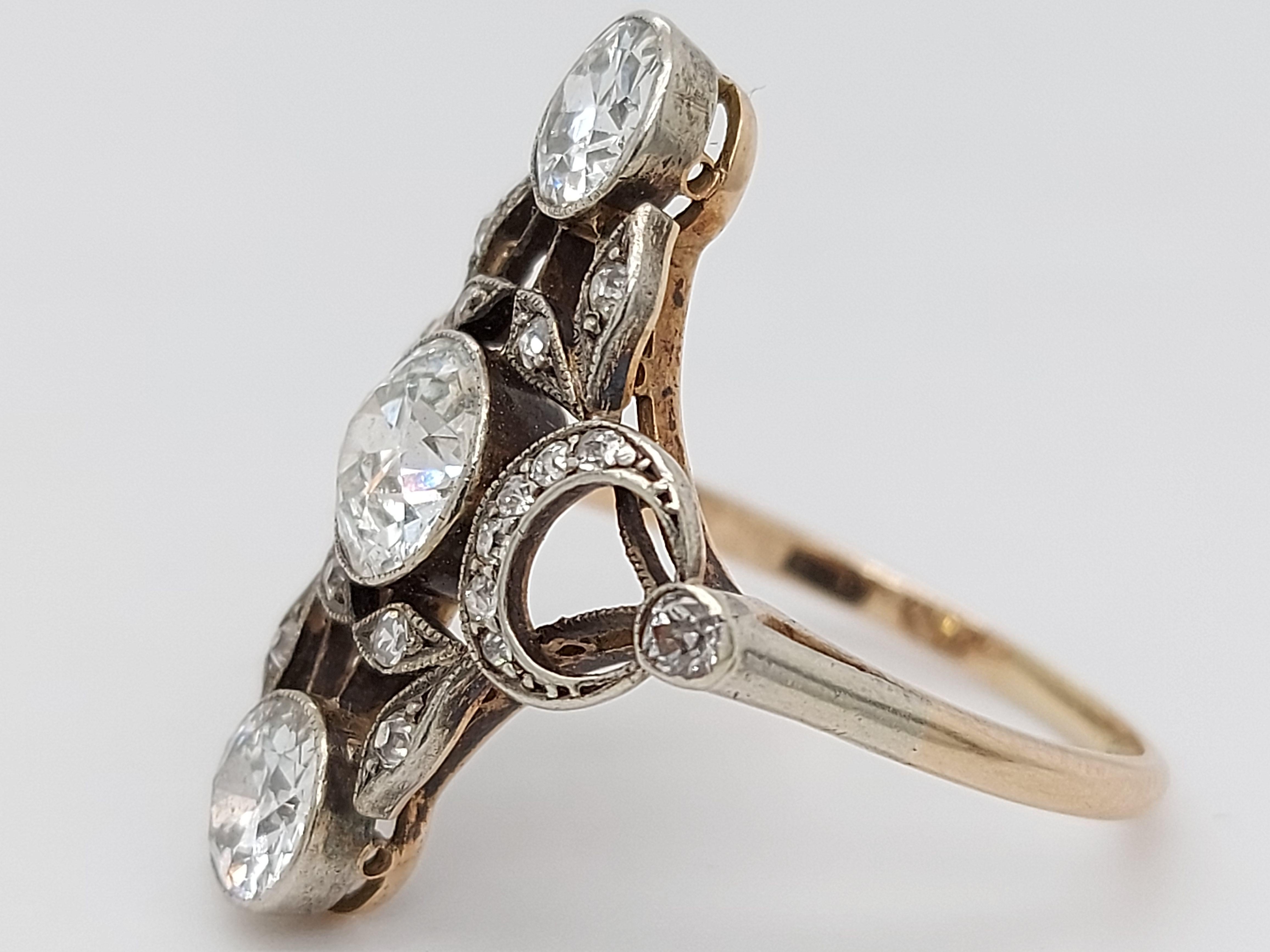 Stunning 18 Karat Gold and Silver Ring with Diamonds from the 1900s, Trilogy For Sale 6