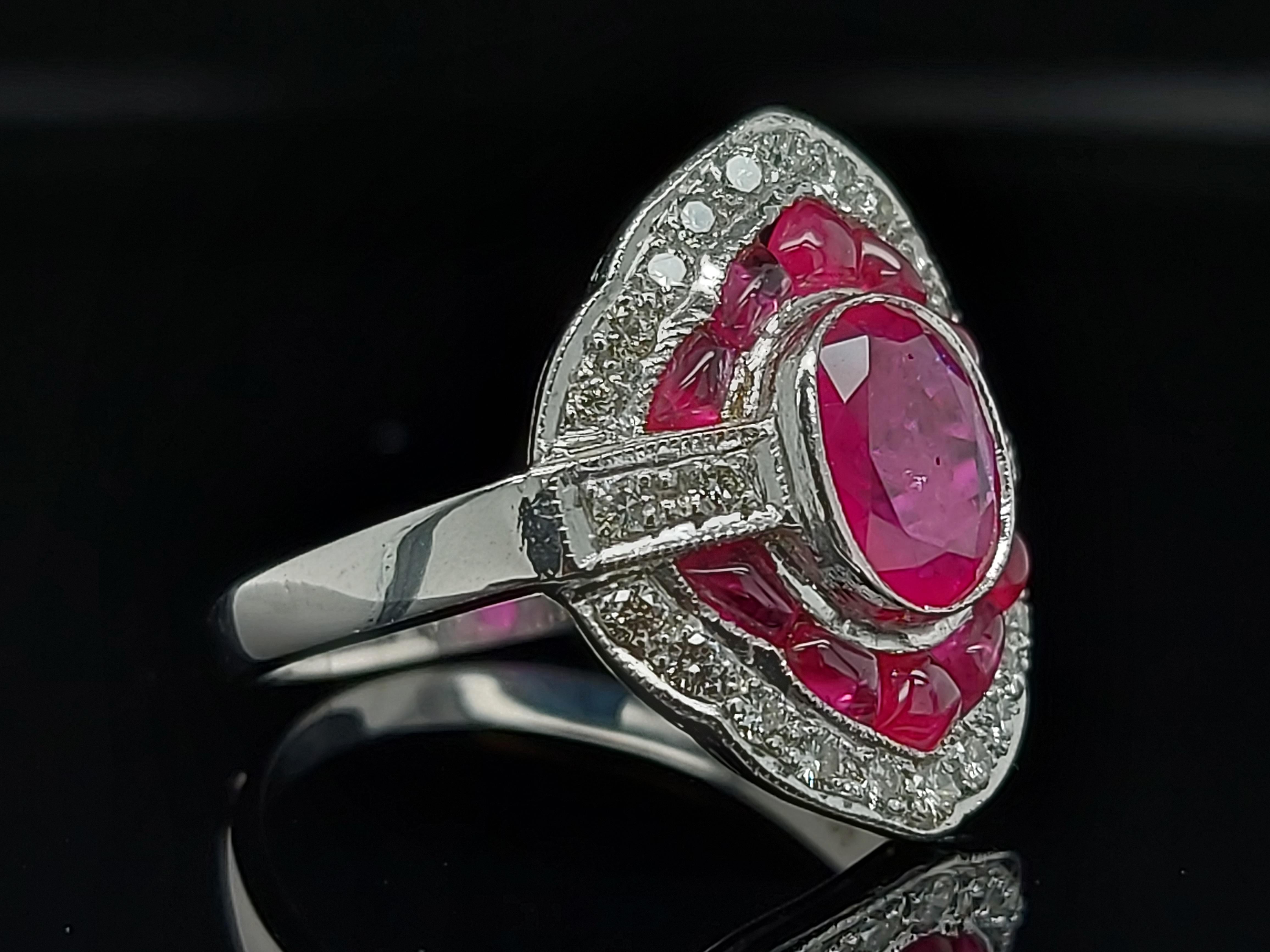 Stunning 18 kt White Gold Ring With Rubies and Brilliant Cut Diamonds

Ruby: Ca. 2 ct and 10 Ruby Cabuchon cut Ca. 2 ct.

Diamonds: 26 brilliant cut diamonds, Ca. 0,78 ct

Material: 18kt white gold

Ring size: 57 ( can be adjusted for