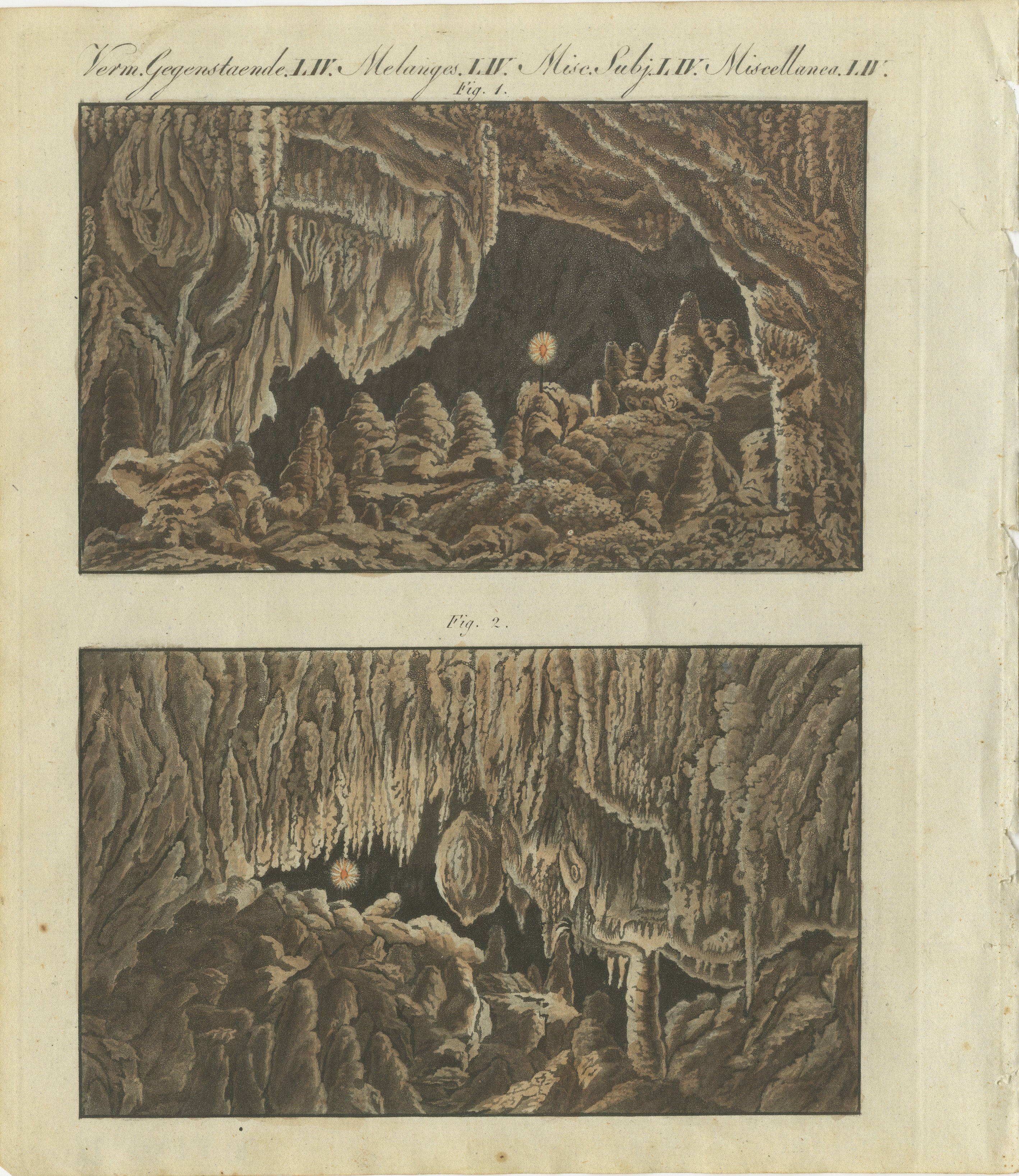 Titel: Beeindruckender handkolorierter Stich von 1805 mit Höhleninterieurs aus dem Werk von Bertuch  

Beschreibung:  Dieser dramatische handkolorierte Stich stammt aus Friedrich Justine Bertuchs *Porte-Feuille des Enfants* (Kindermappe), das 1805