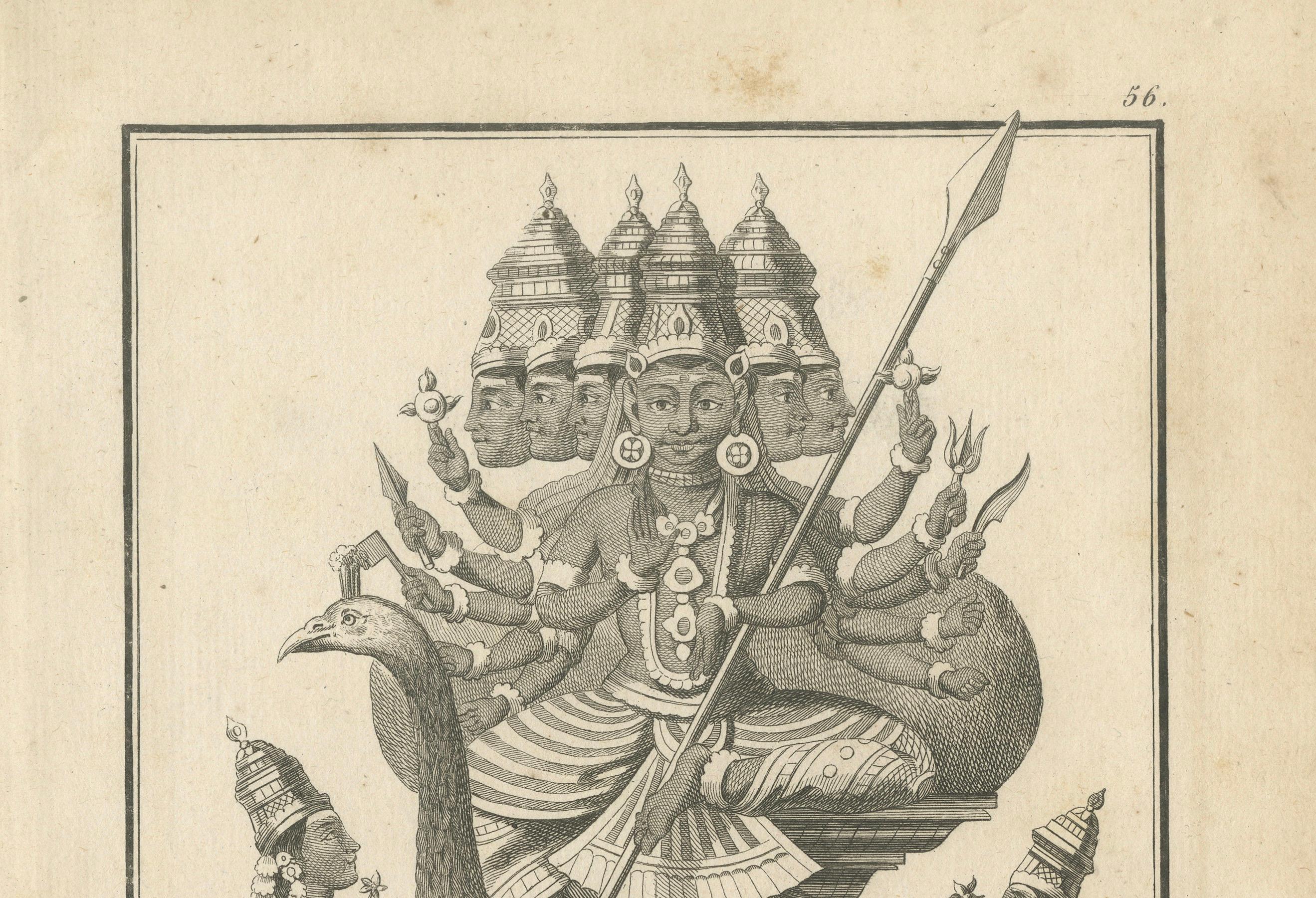 Title: 1806 Engraving: Subramanya on Peacock, War Deity in Hindu Mythology

Description: This dynamic antique print, titled 