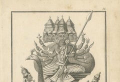 Stunning 1808 Engraving: Subramanya on Peacock, War Deity in Hindu Mythology