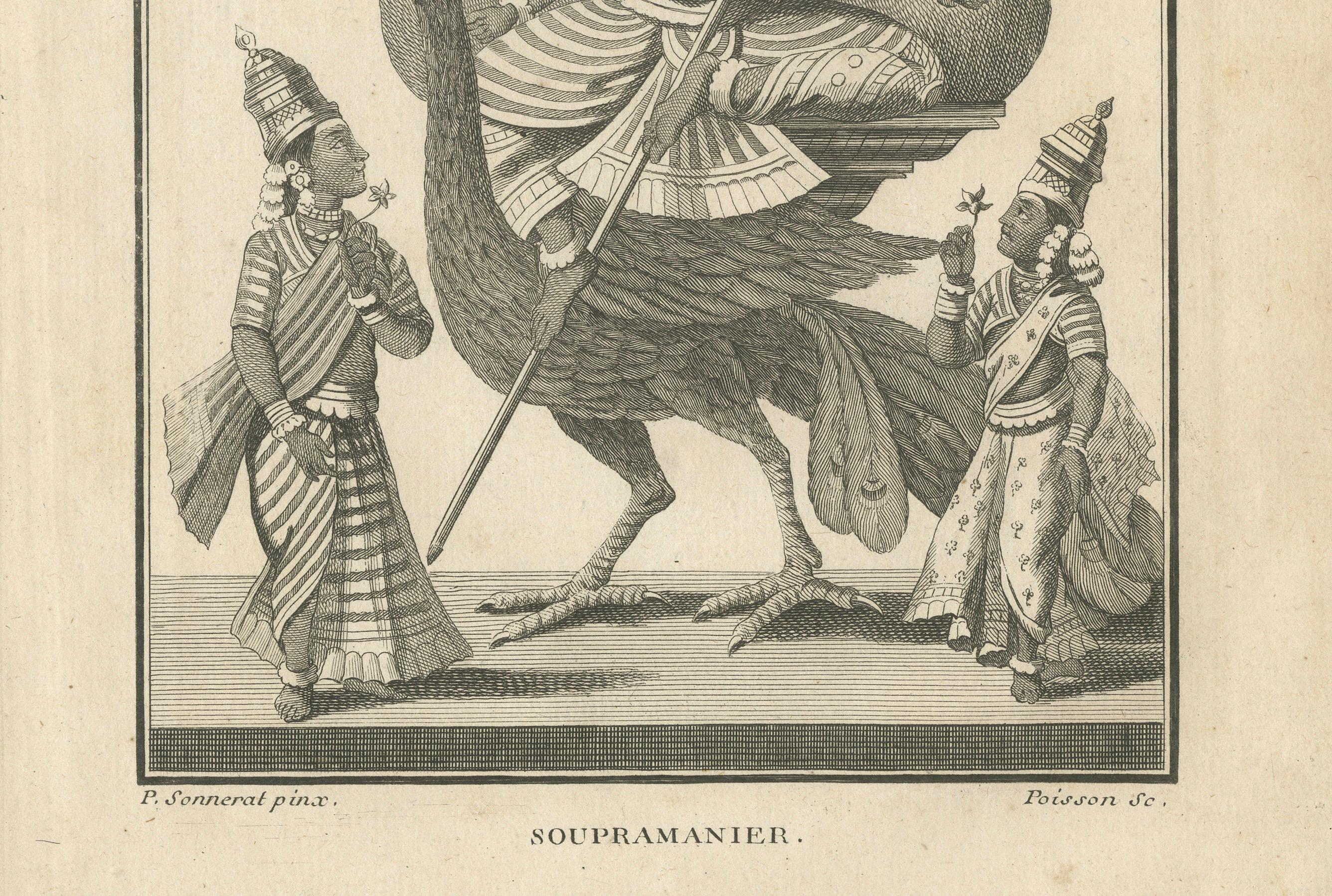 Engraved Stunning 1808 Engraving: Subramanya on Peacock, War Deity in Hindu Mythology For Sale